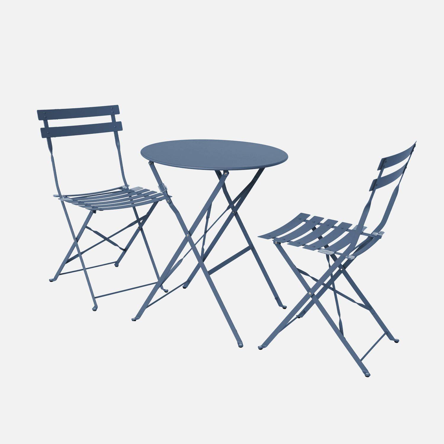 Klappbarer Bistro-Gartentisch rund Ø 60 cm, mit zwei Klappstühlen, pulverbeschichteter Stahl, graublau - Emilia Photo4