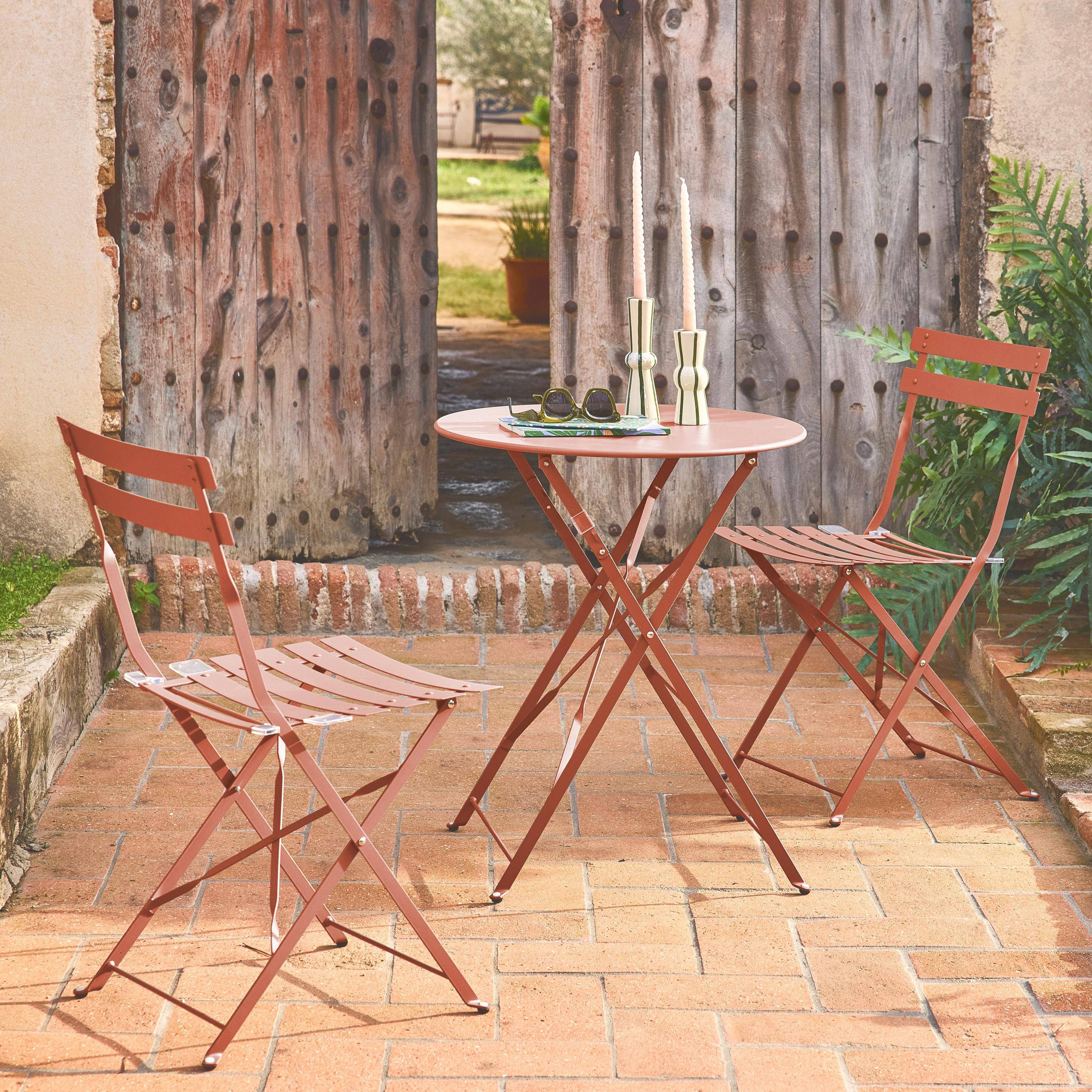 Table de jardin bistrot pliable ronde Ø60 x 70cm, avec deux chaises pliantes, acier thermolaqué Photo1