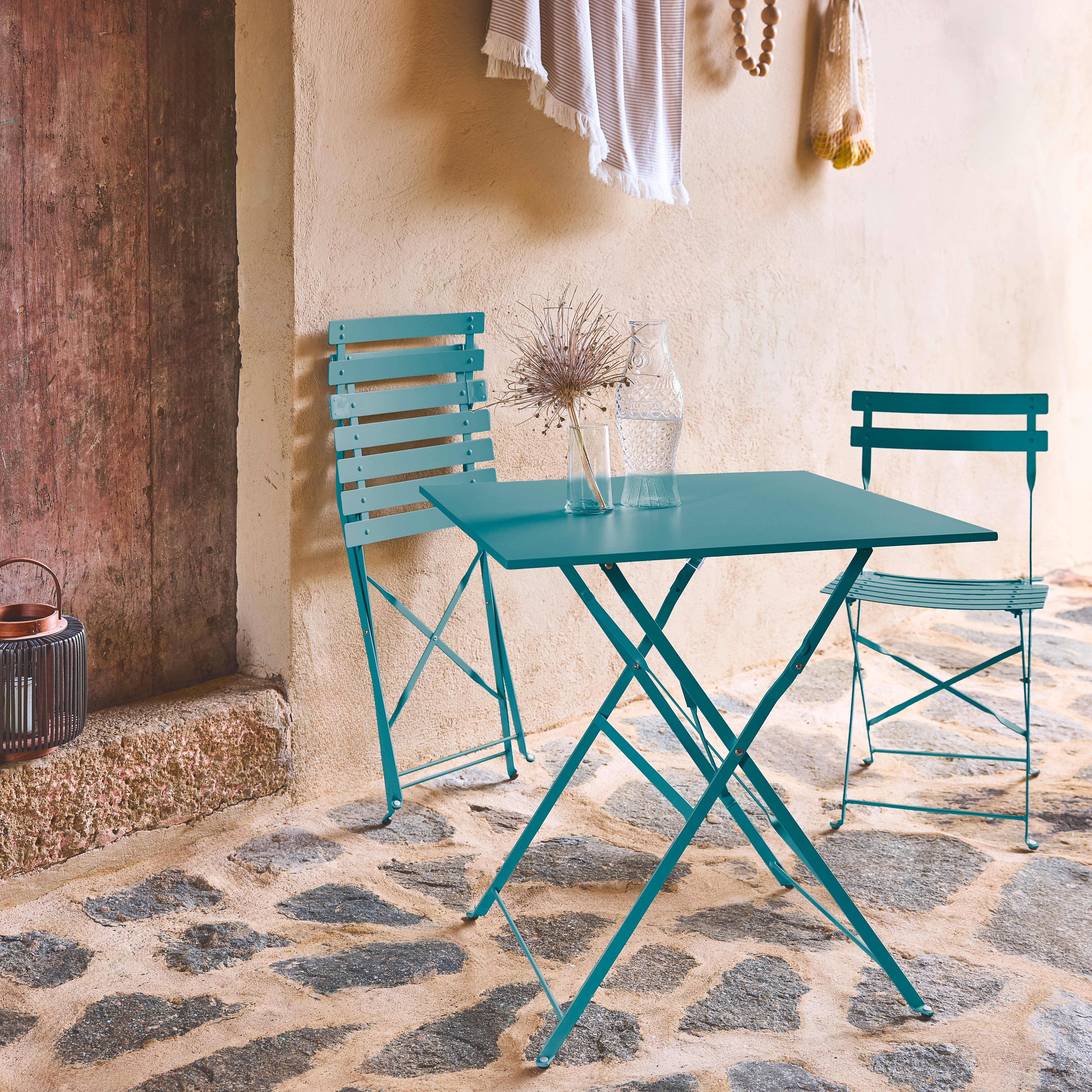 Table de jardin bistrot pliable rectangulaire 70 x 70cm, avec deux chaises pliantes, acier thermolaqué Photo2