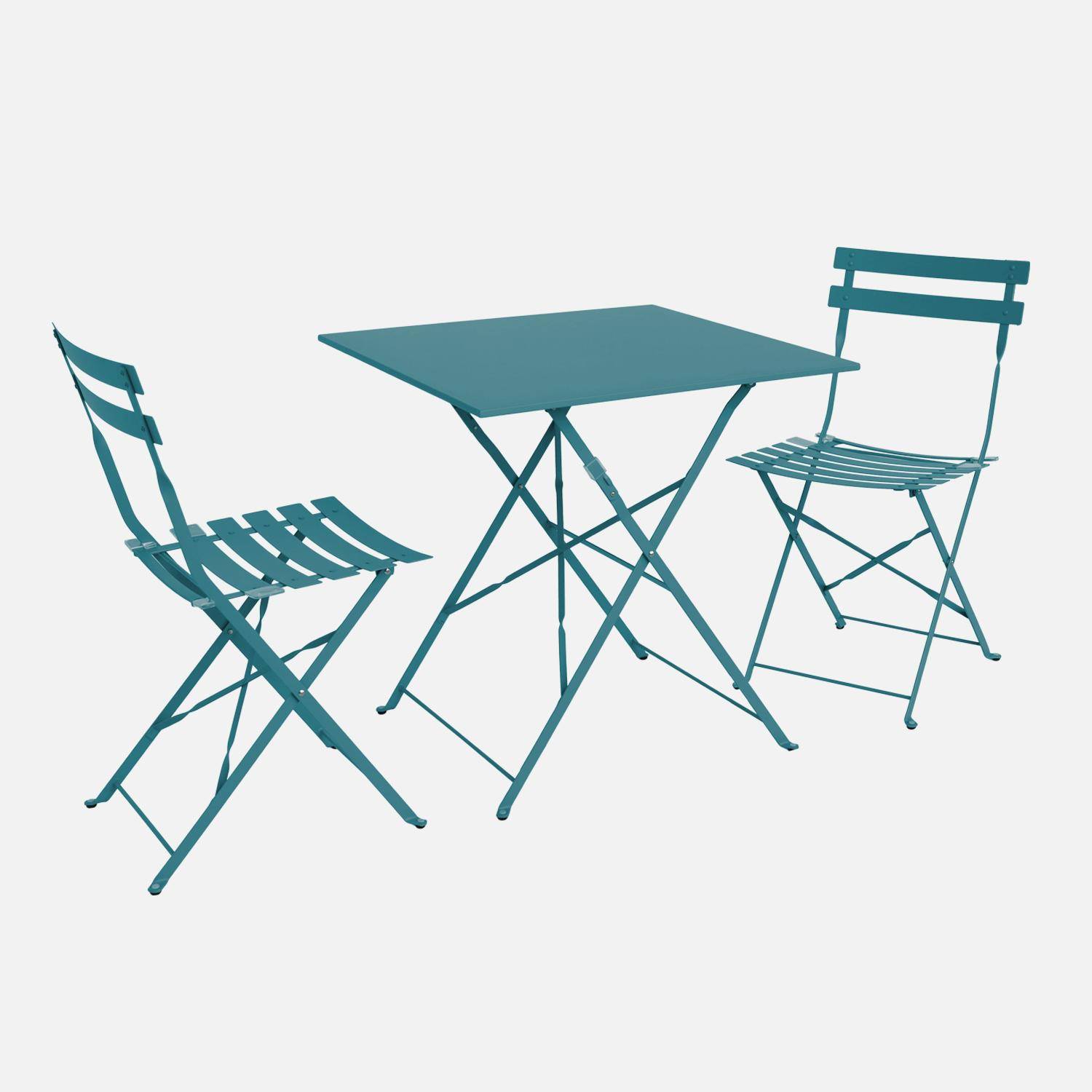 Table de jardin bistrot pliable rectangulaire 70 x 70cm, avec deux chaises pliantes, acier thermolaqué Photo5