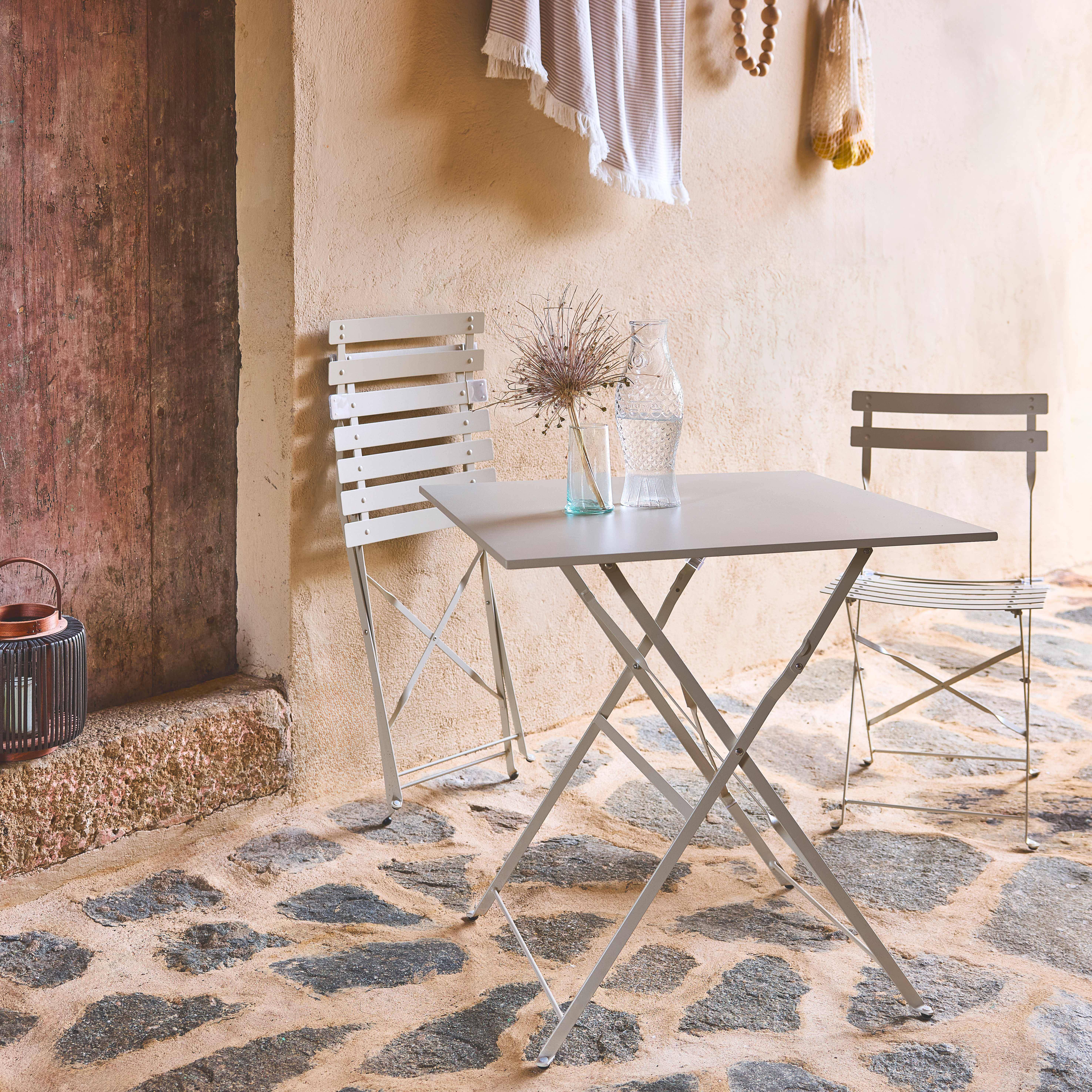Table de jardin bistrot pliante métal + 2 assises beige 70 x 70cm, acier thermolaqué Photo3
