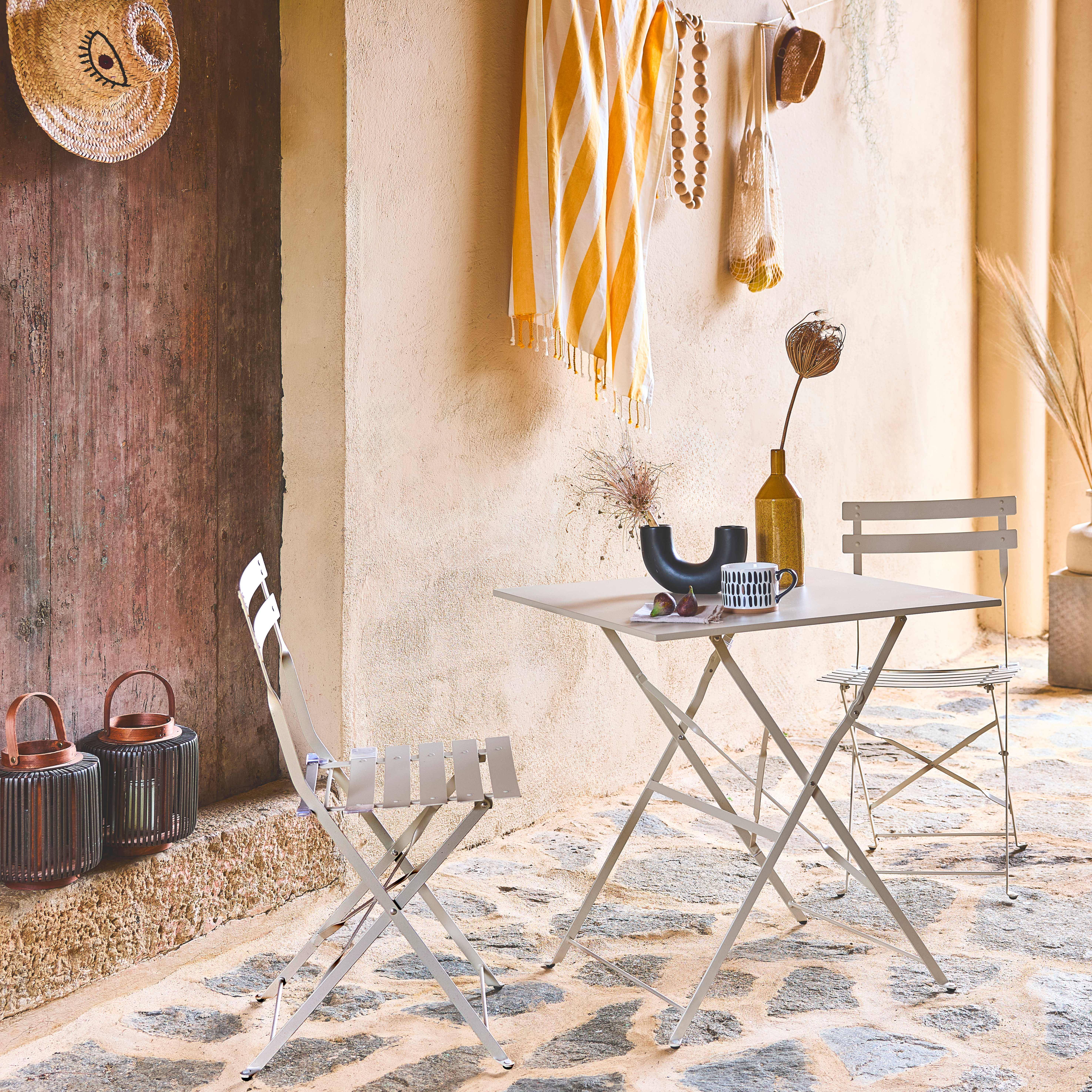 Table de jardin bistrot pliante métal + 2 assises beige 70 x 70cm, acier thermolaqué Photo1