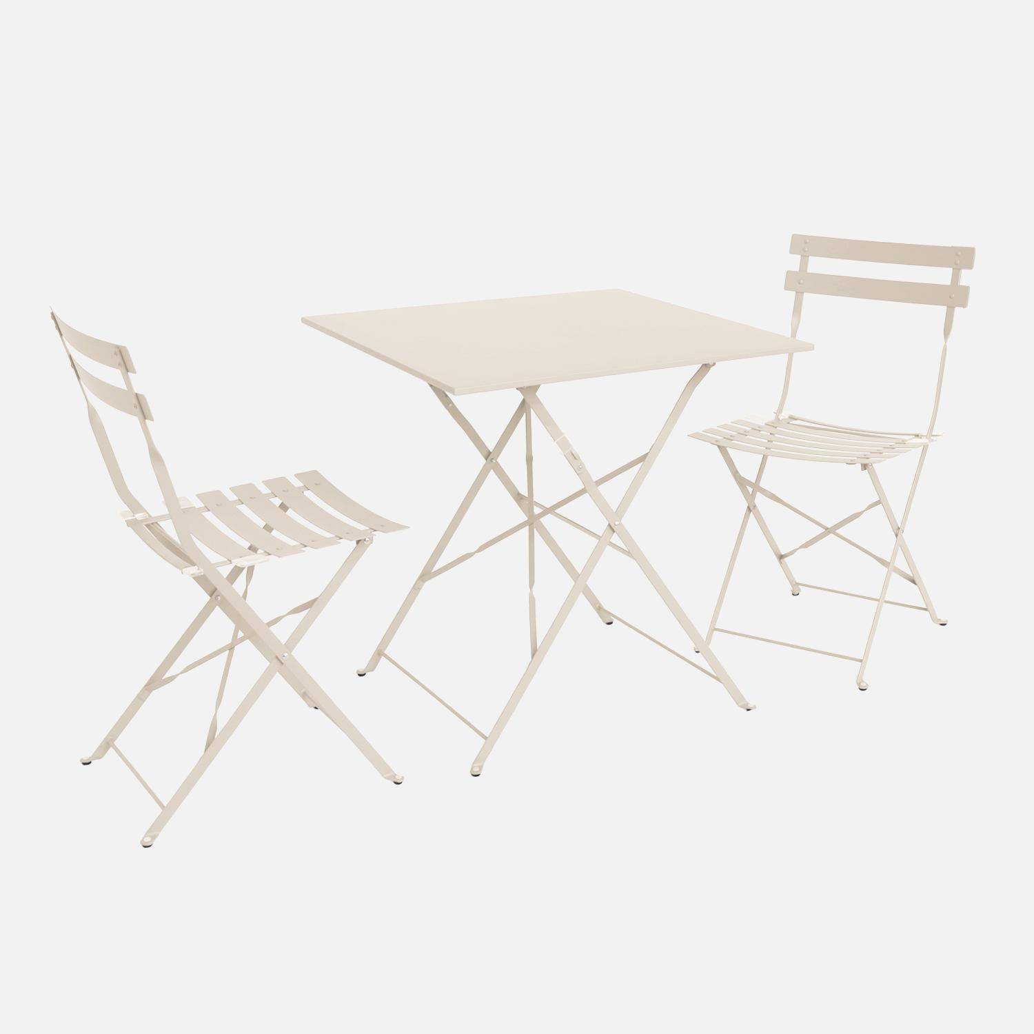 Table de jardin bistrot pliante métal + 2 assises beige 70 x 70cm, acier thermolaqué Photo5