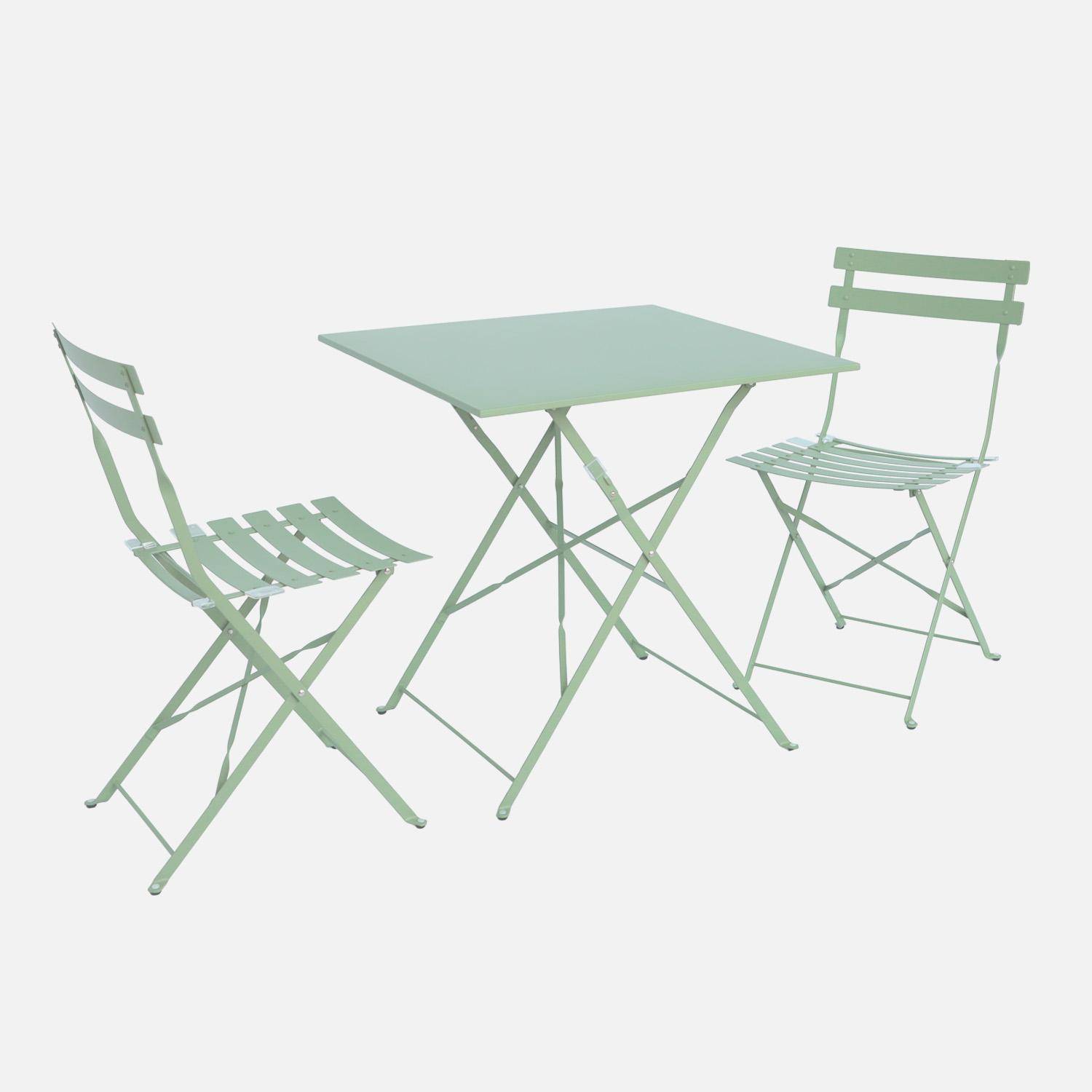 Table de jardin bistrot pliable rectangulaire 70 x 70cm, avec deux chaises pliantes, acier thermolaqué Photo1