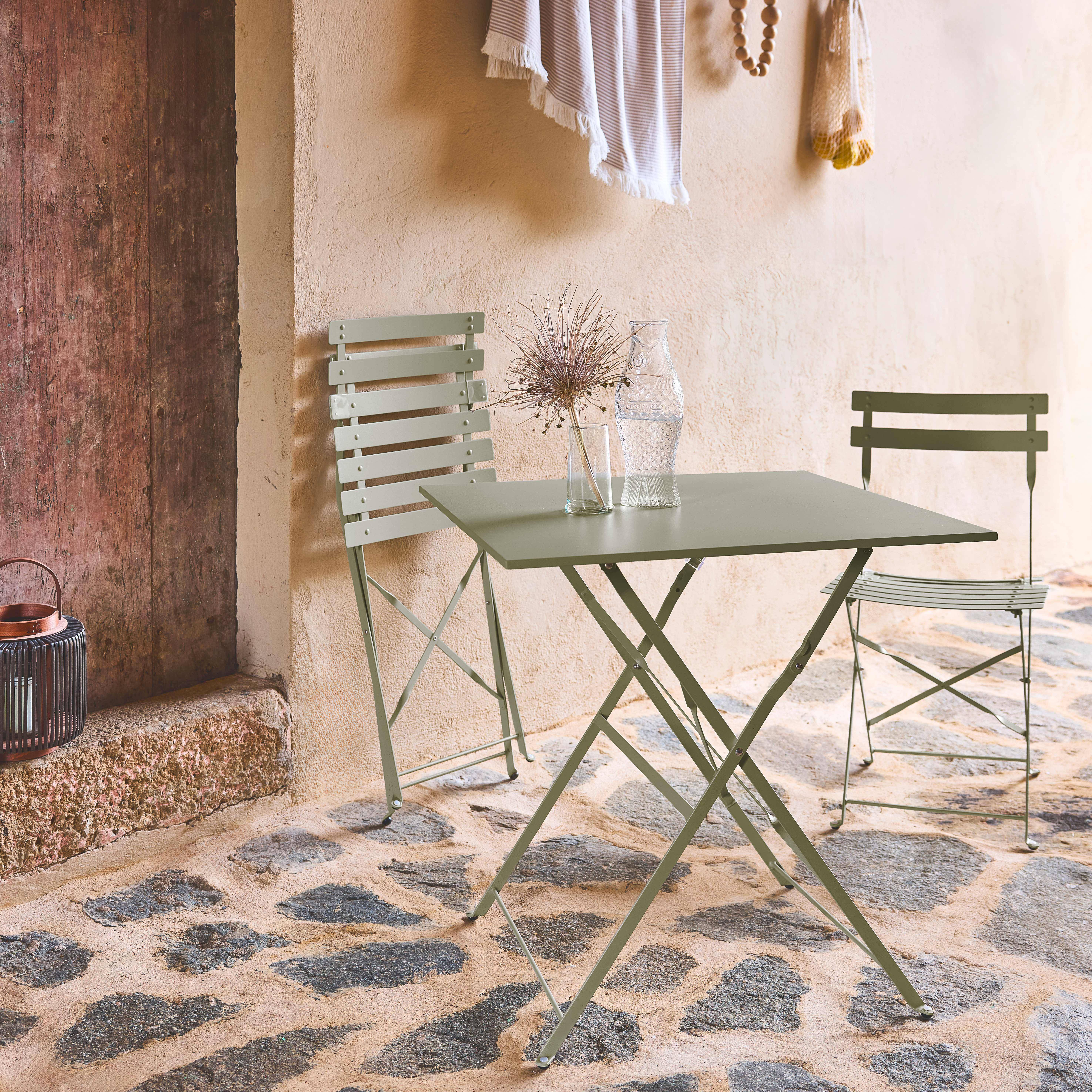 Table de jardin bistrot pliable rectangulaire 70 x 70cm, avec deux chaises pliantes, acier thermolaqué Photo2