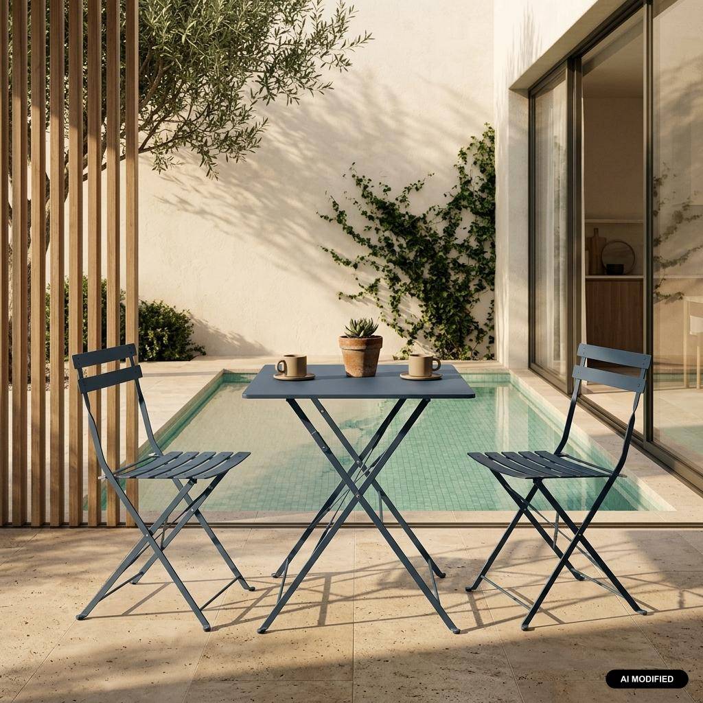 Bistrotafel met 2 stoelen metaal inklapbaar 70 x 70cm grijsblauw - Emilia Photo1