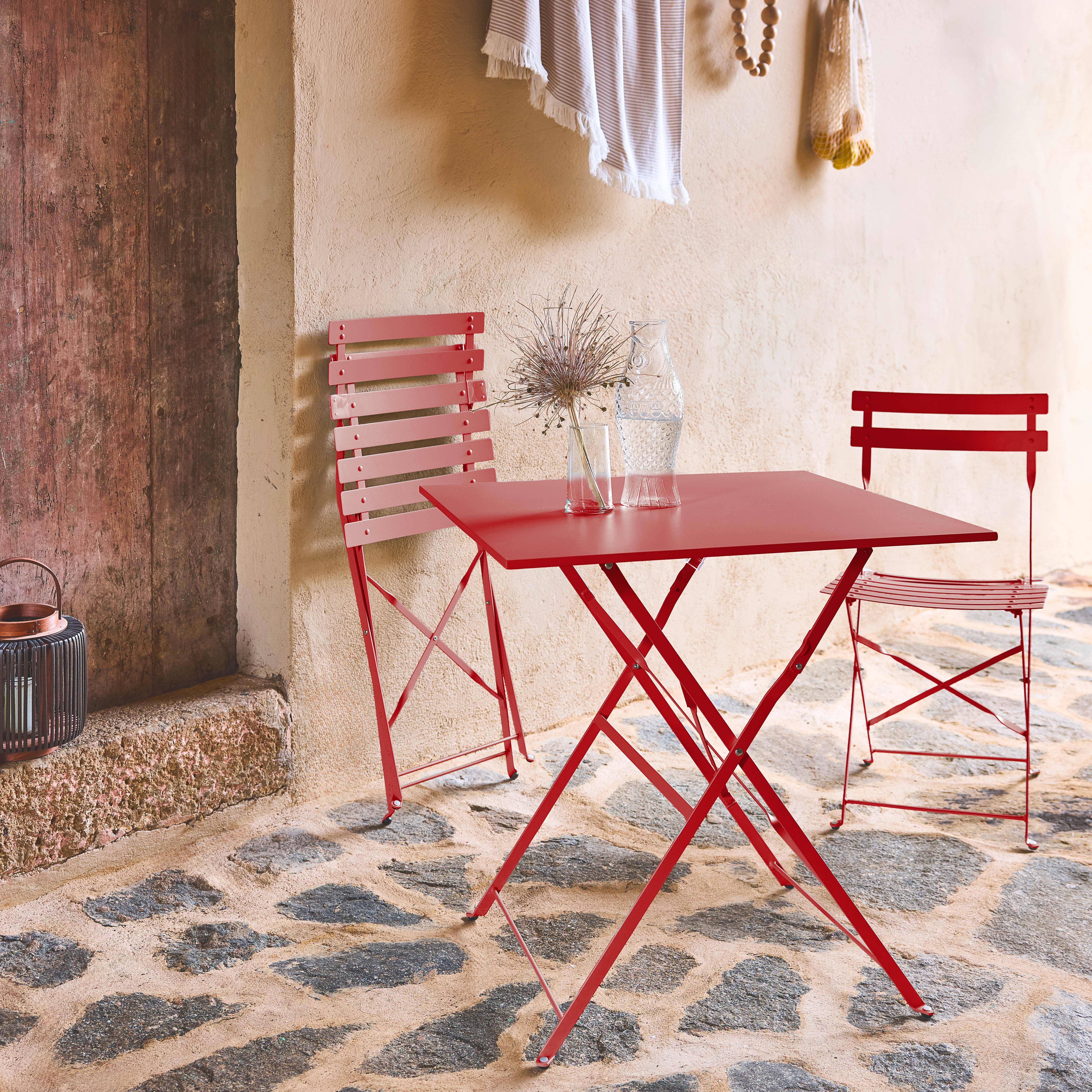 Table de jardin bistrot pliable rectangulaire 70 x 70cm, avec deux chaises pliantes, acier thermolaqué,sweeek,Photo2