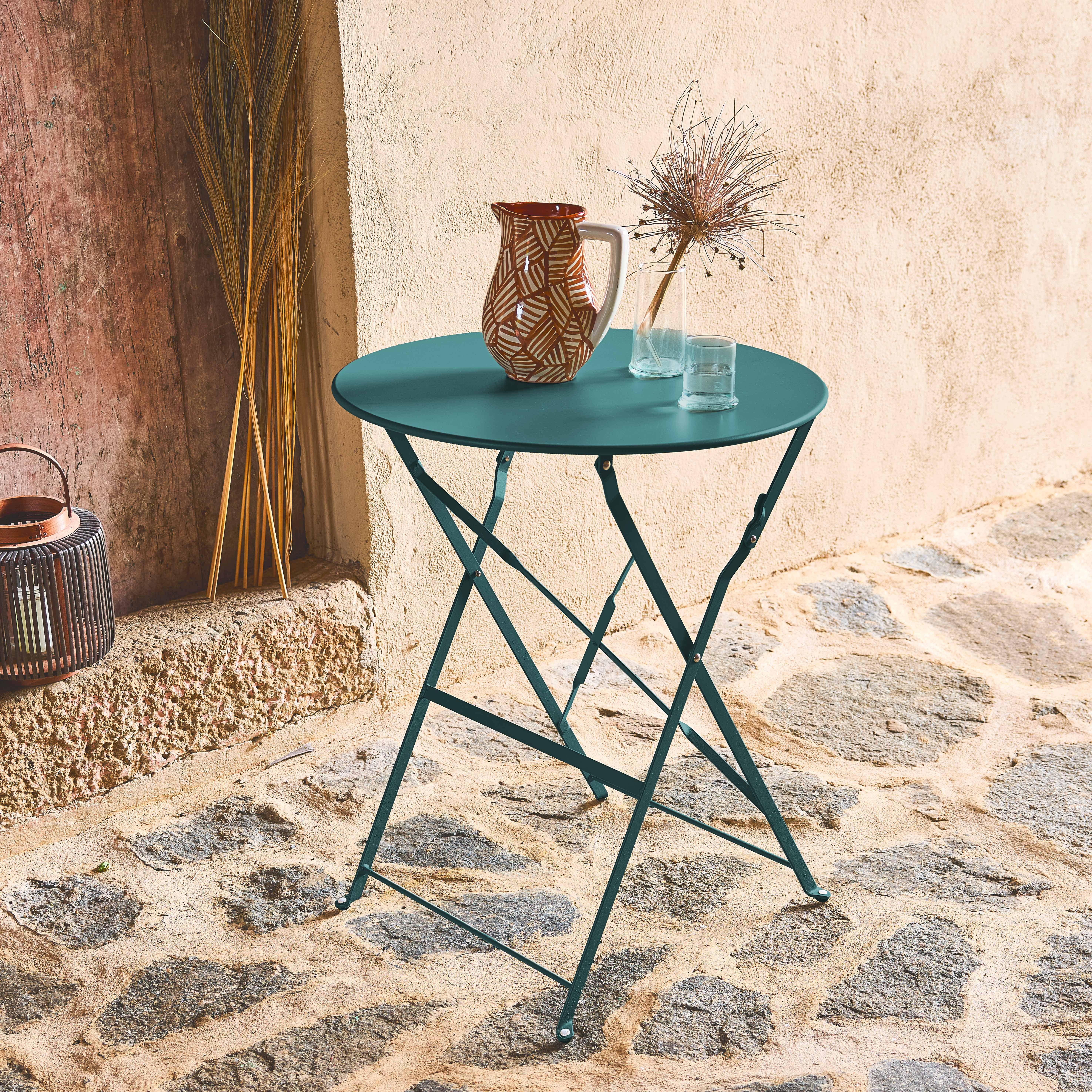Runder, klappbarer Bistro-Gartentisch aus pulverbeschichtetem Stahl, wasserblau, Emilia, Ø 60cm  Photo1