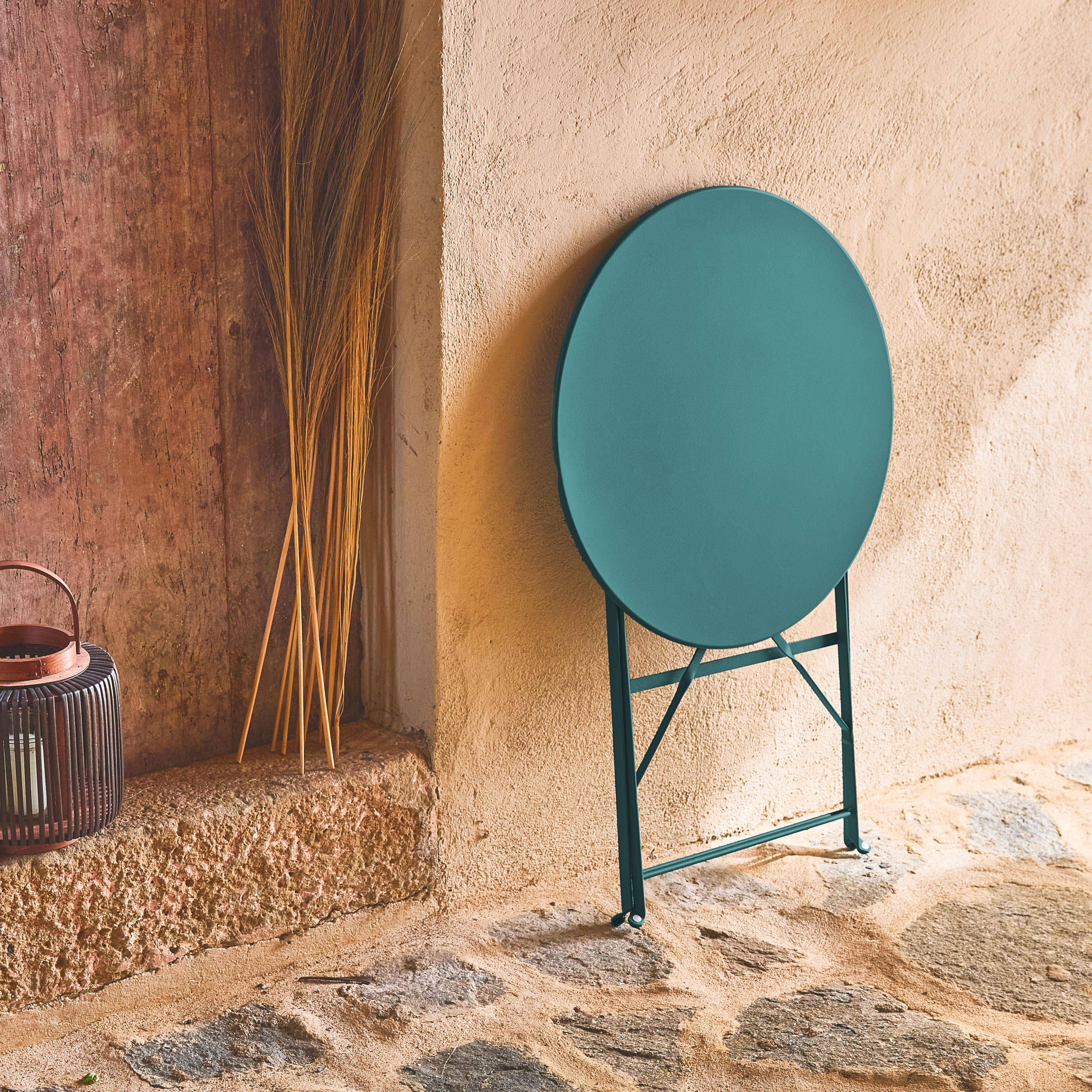 Runder, klappbarer Bistro-Gartentisch aus pulverbeschichtetem Stahl, wasserblau, Emilia, Ø 60cm ,sweeek,Photo2