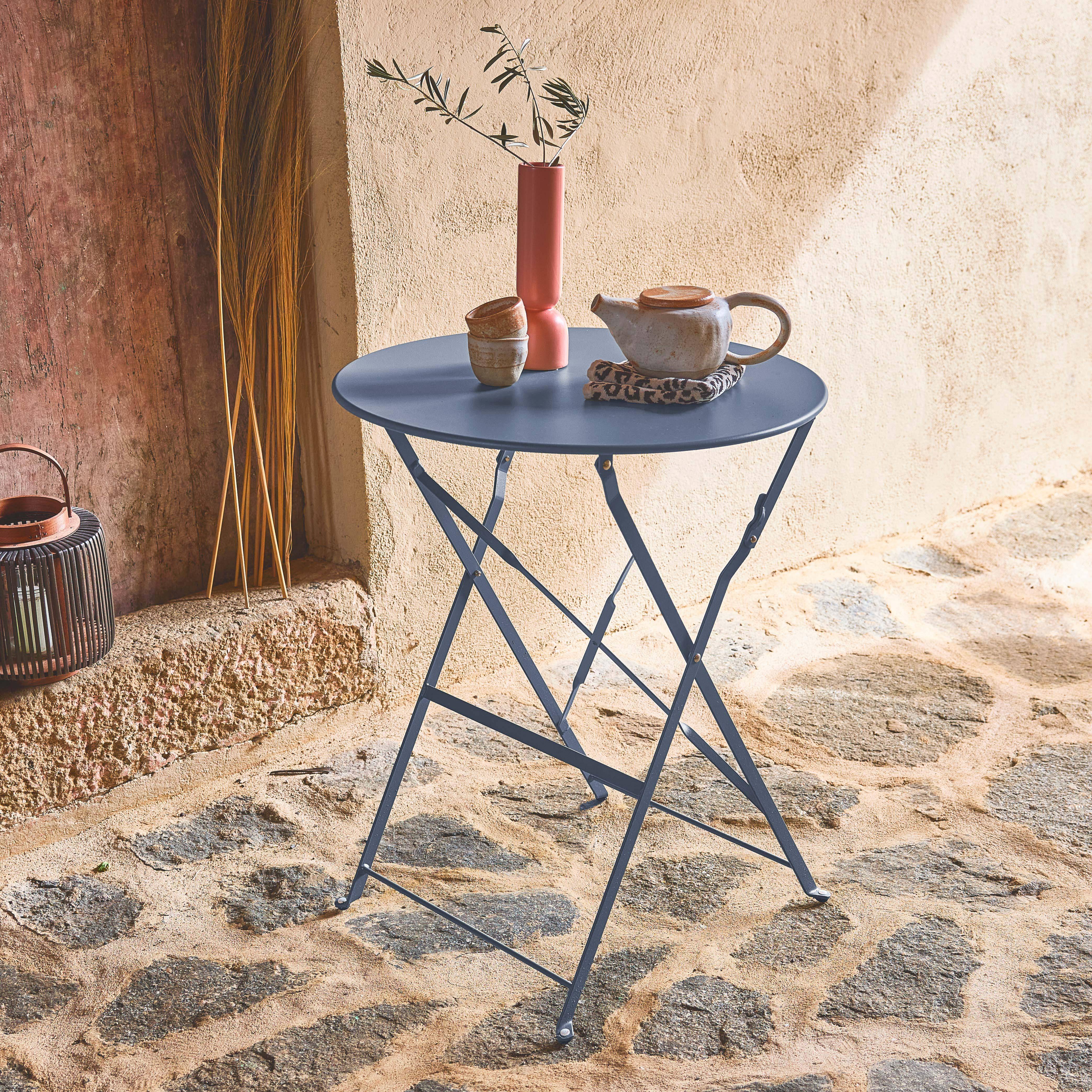 Runder, klappbarer Bistro-Gartentisch aus pulverbeschichtetem Stahl, blaugrau, Emilia, Ø 60cm  Photo1