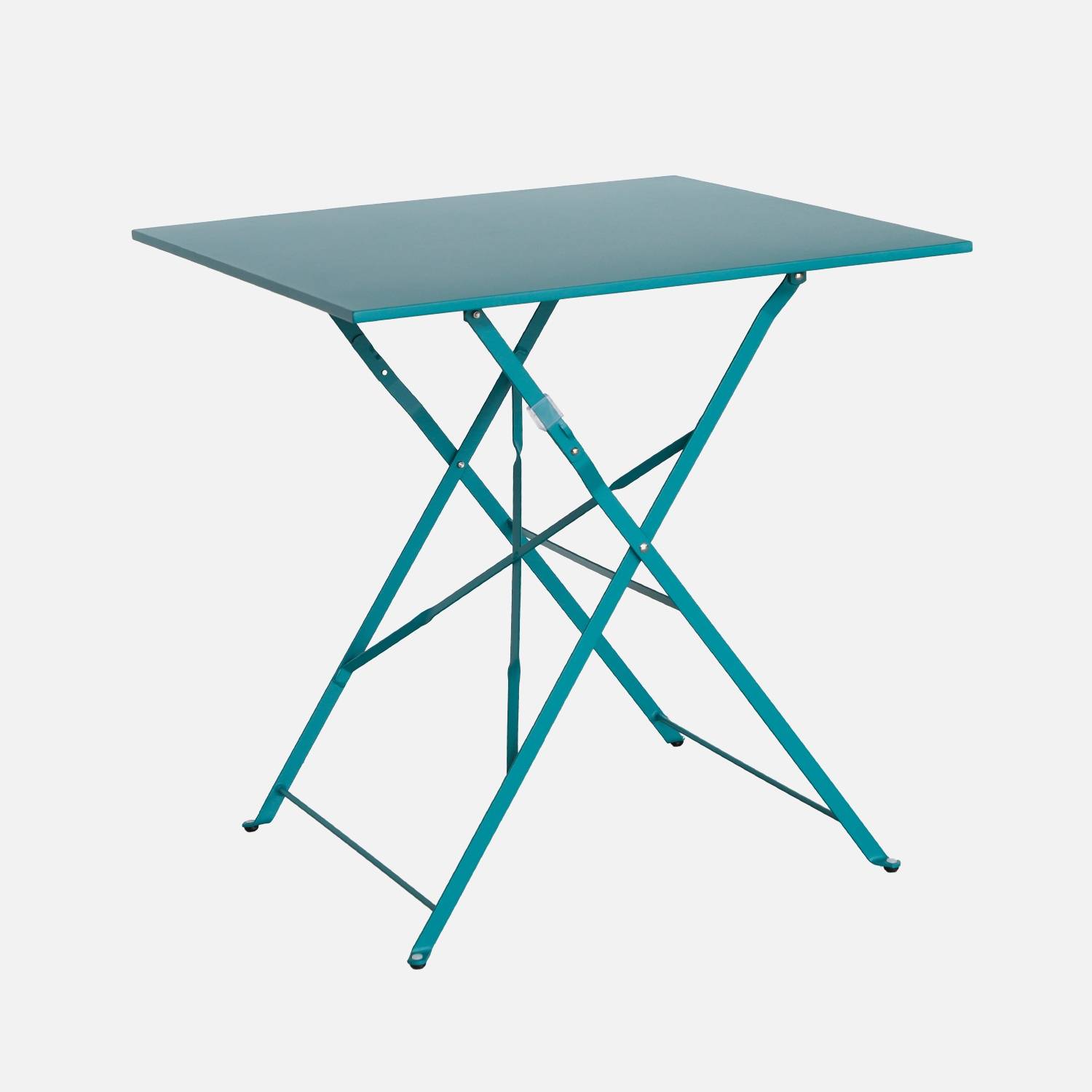 Quadratischer Gartentisch aus pulverbeschichtetem Stahl, wasserblau