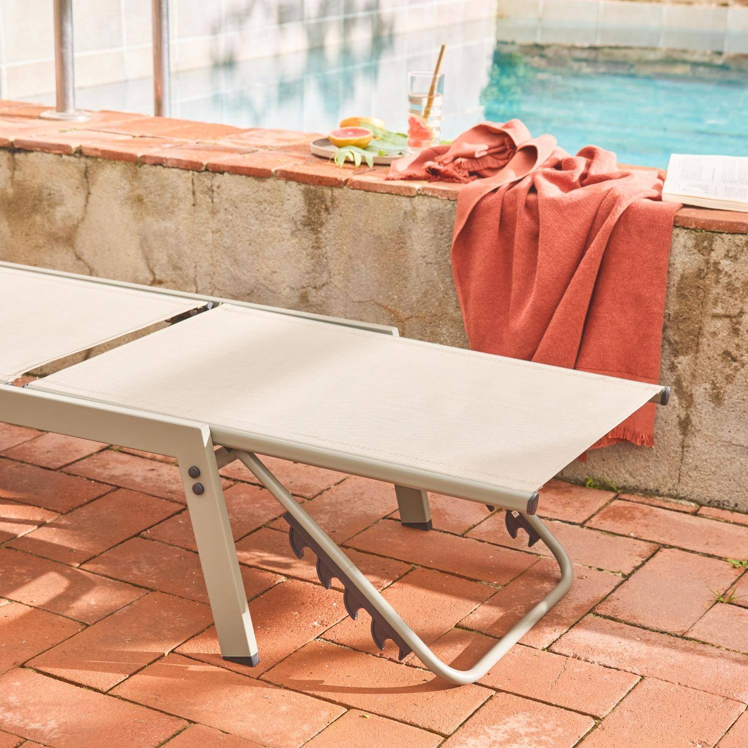 Set van 2 savanne ligstoelen, 5 posities, textileen en metaal, Flora, B155 x D59 x H106cm Photo5