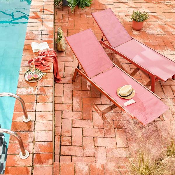 Set of multi-position deckchairs, textilene and steel, Terracotta