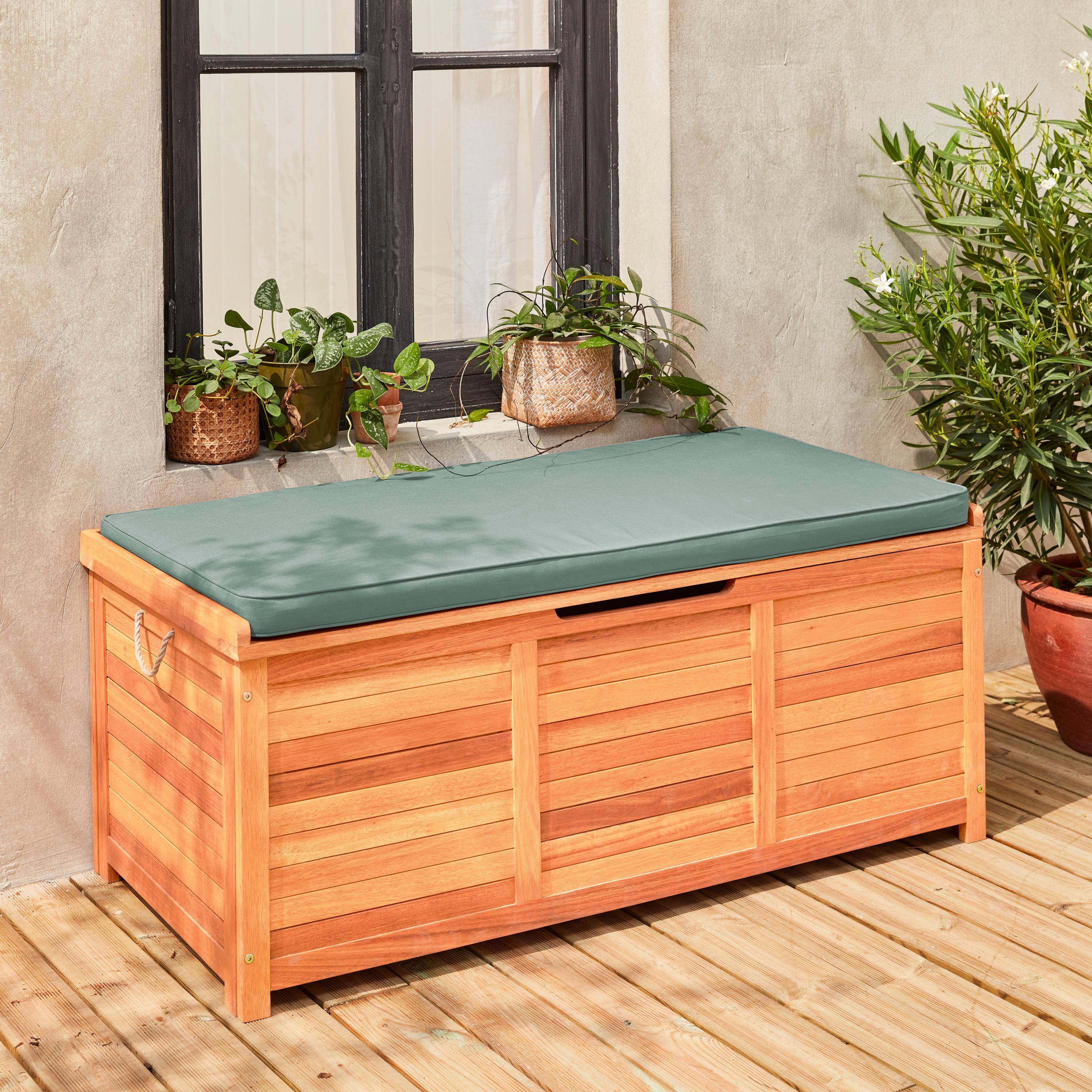 Coffre de jardin 200L en bois - Caja kaki - 125x60cm rangement coussins avec 2 vérins et poignées Photo1