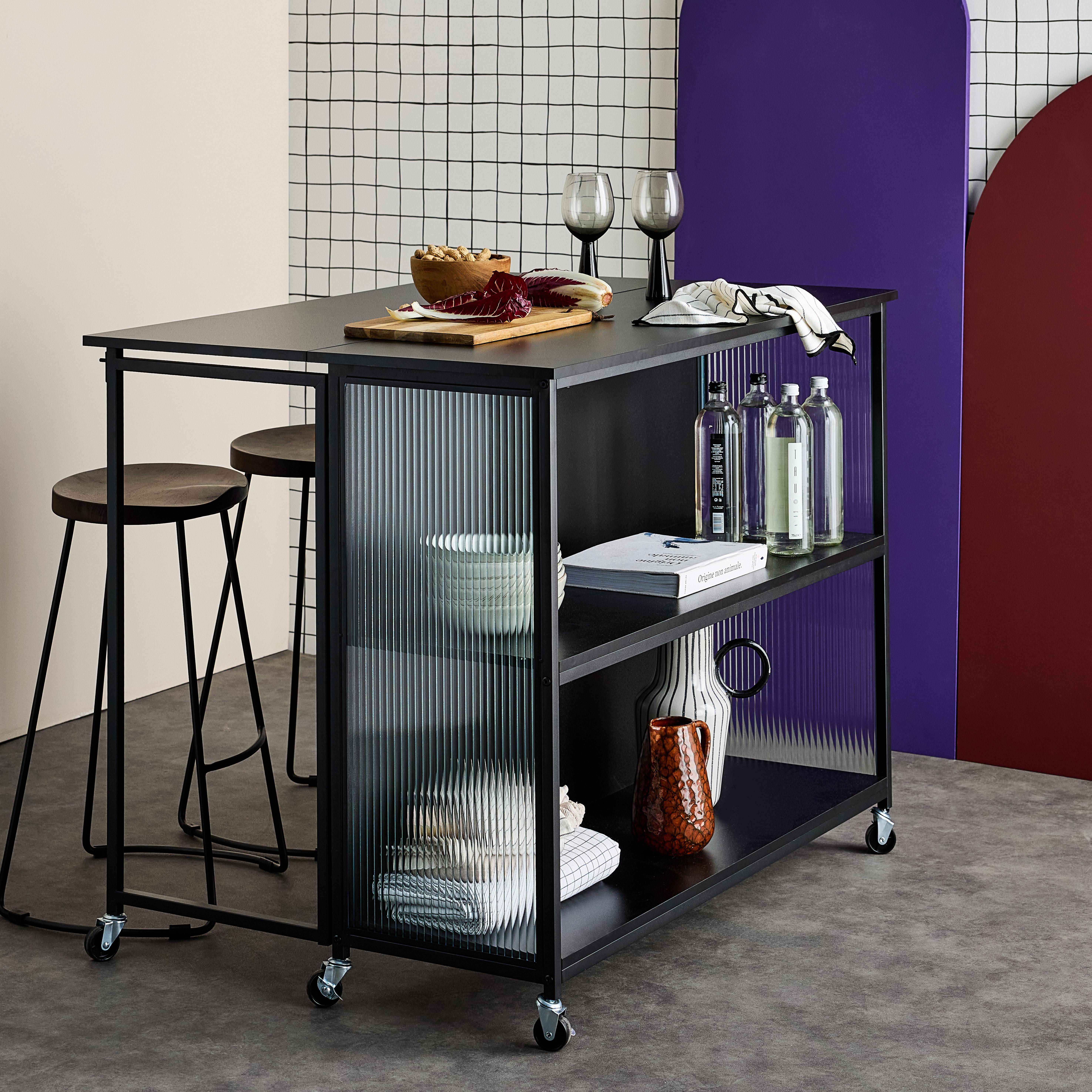 Desserte de cuisine noire extensible ALEXIS, rangements, table de bar, îlot de cuisine, 110 x 40/80 x 90 cm, avec étagères, roulettes Photo1