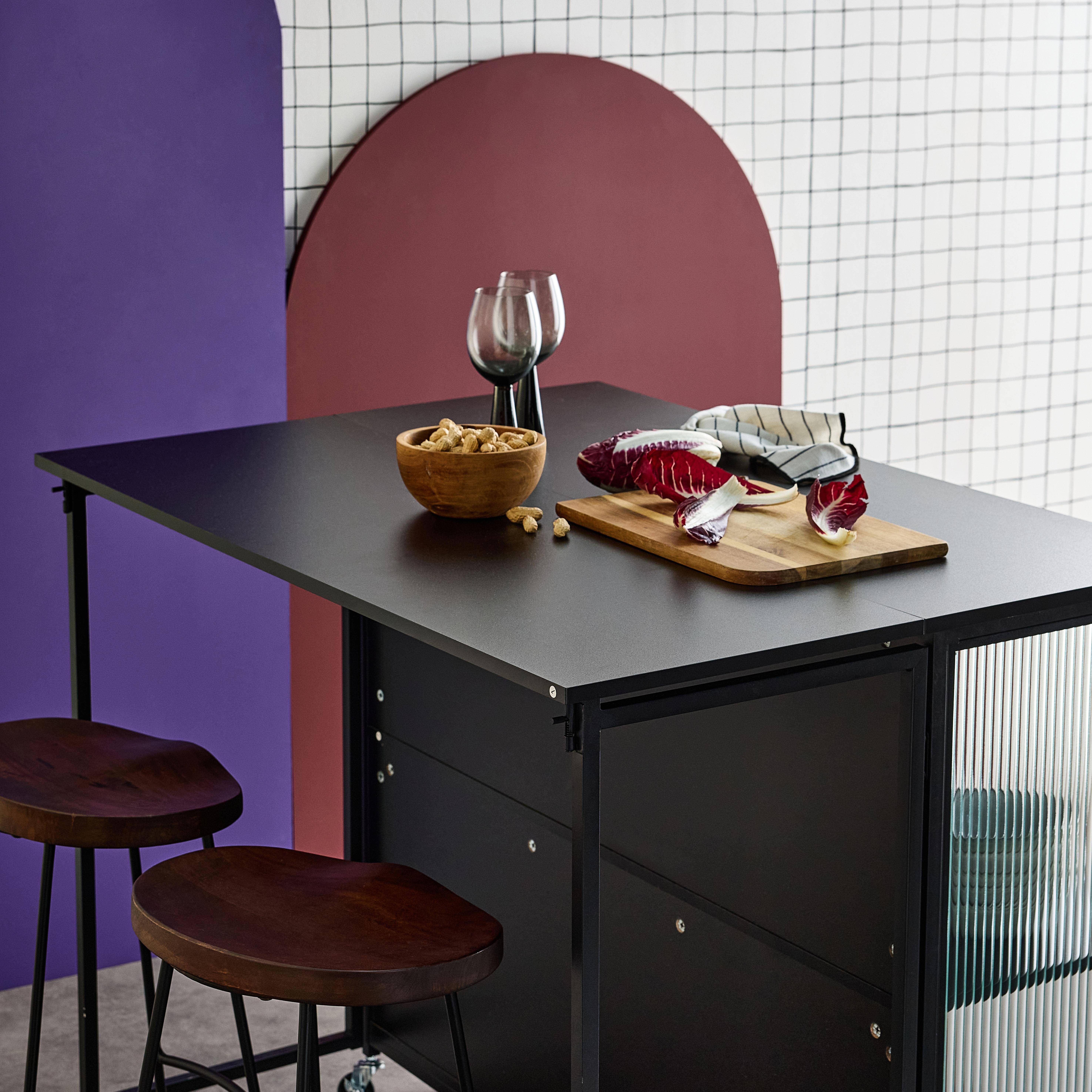 Desserte de cuisine noire extensible ALEXIS, rangements, table de bar, îlot de cuisine, 110 x 40/80 x 90 cm, avec étagères, roulettes Photo2