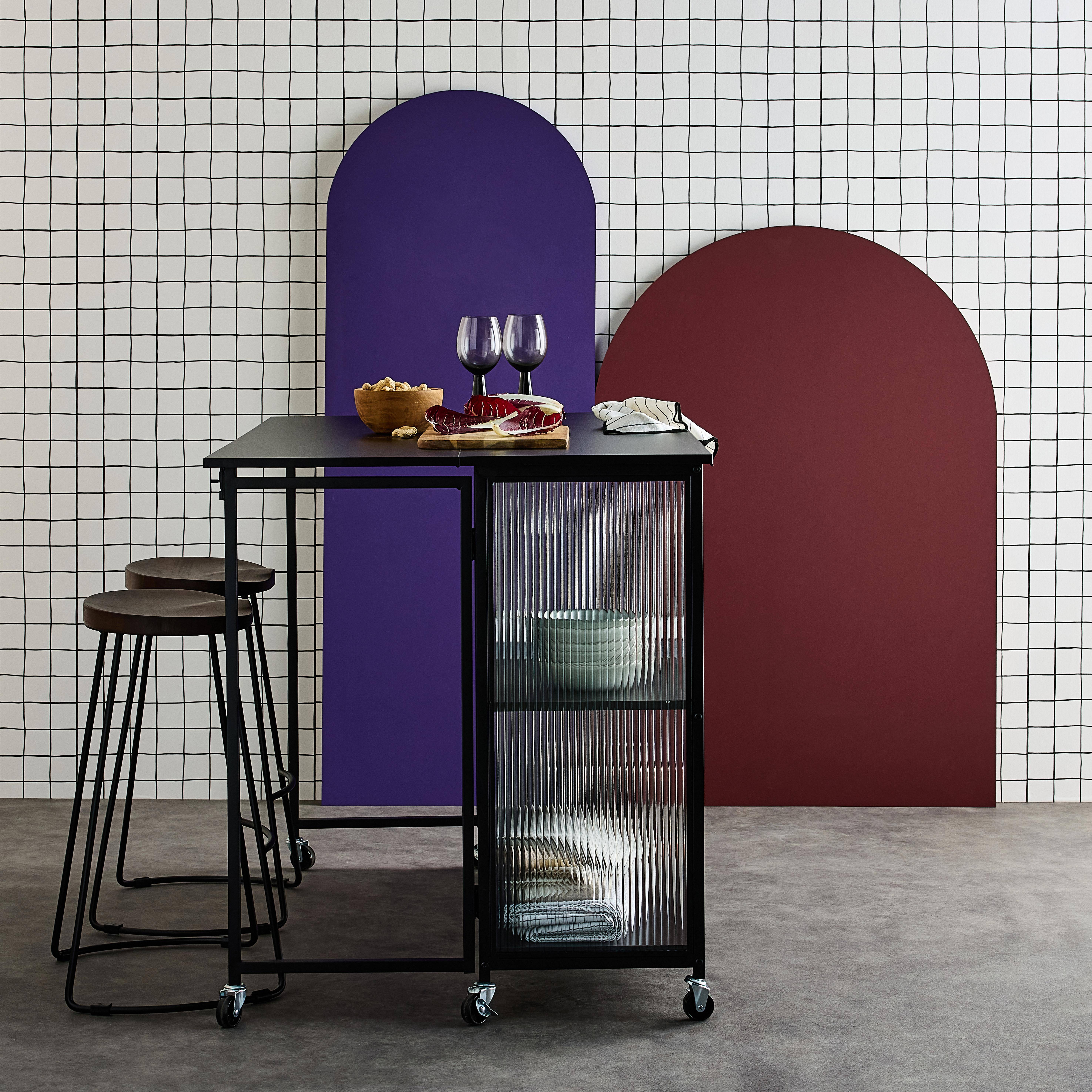 Desserte de cuisine noire extensible ALEXIS, rangements, table de bar, îlot de cuisine, 110 x 40/80 x 90 cm, avec étagères, roulettes Photo5