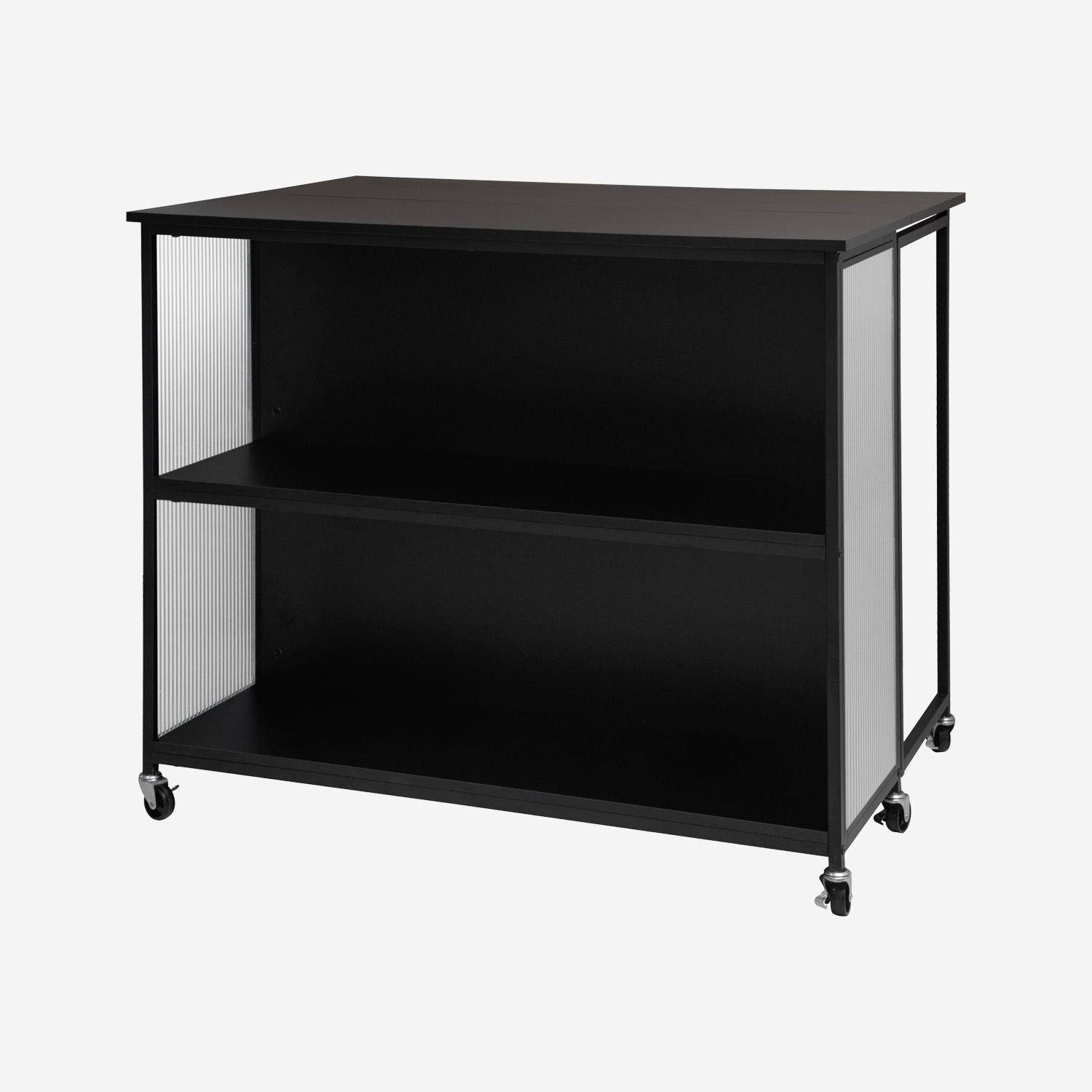 Zwarte uitschuifbaar keukenbuffet ALEXIS, opbergruimte, bartafel, keukeneiland, 110 x 40/80 x 90 cm, met planken, wielen,sweeek,Photo7