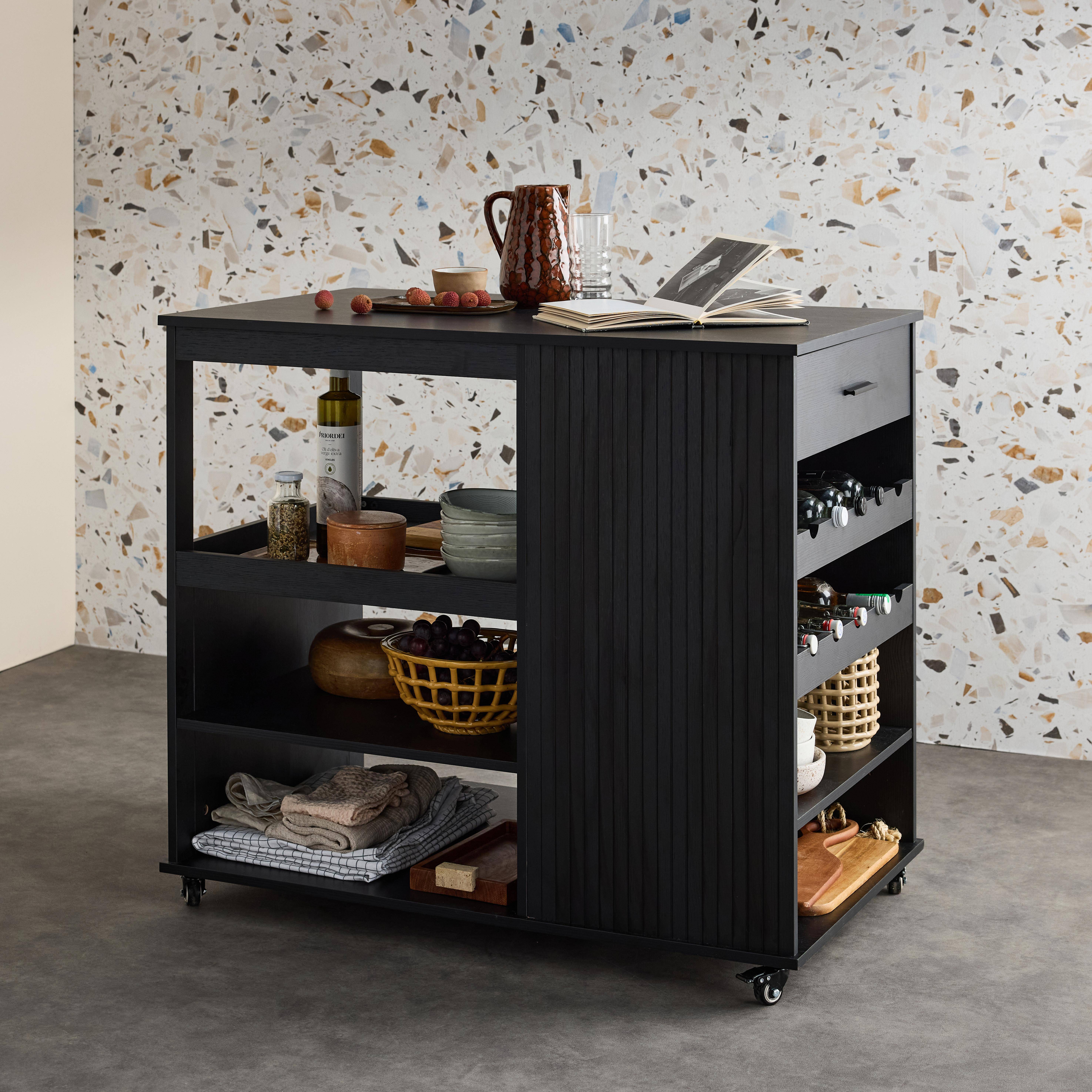 Desserte de cuisine noire avec range bouteilles, BATZ, 5 étagères, avec roulettes, 100 x 60 x 89 cm Photo1