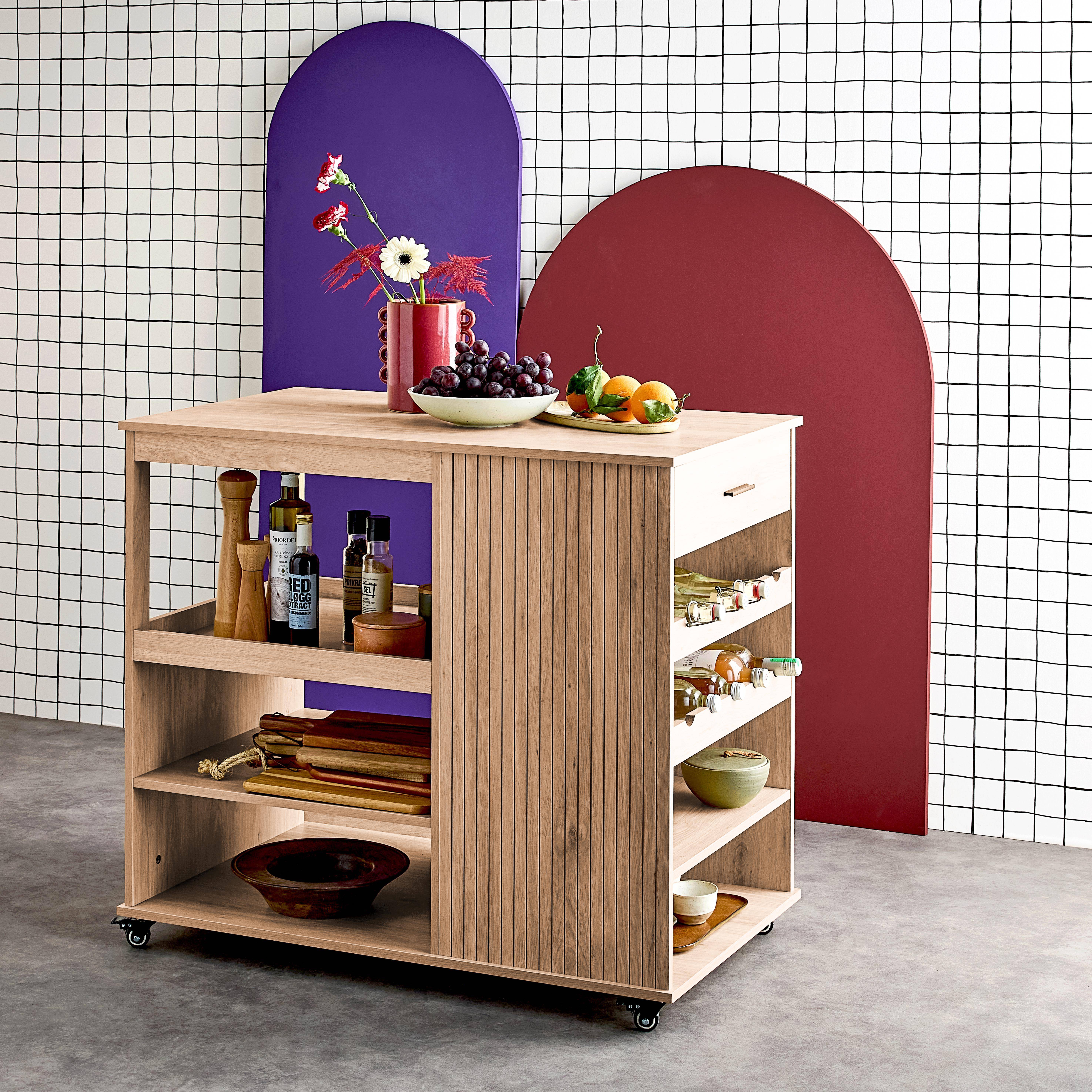 Natuurlijke keukentrolley met flessenrekken, BATZ, 5 planken, met wielen, 100 x 60 x 89 cm,sweeek,Photo2