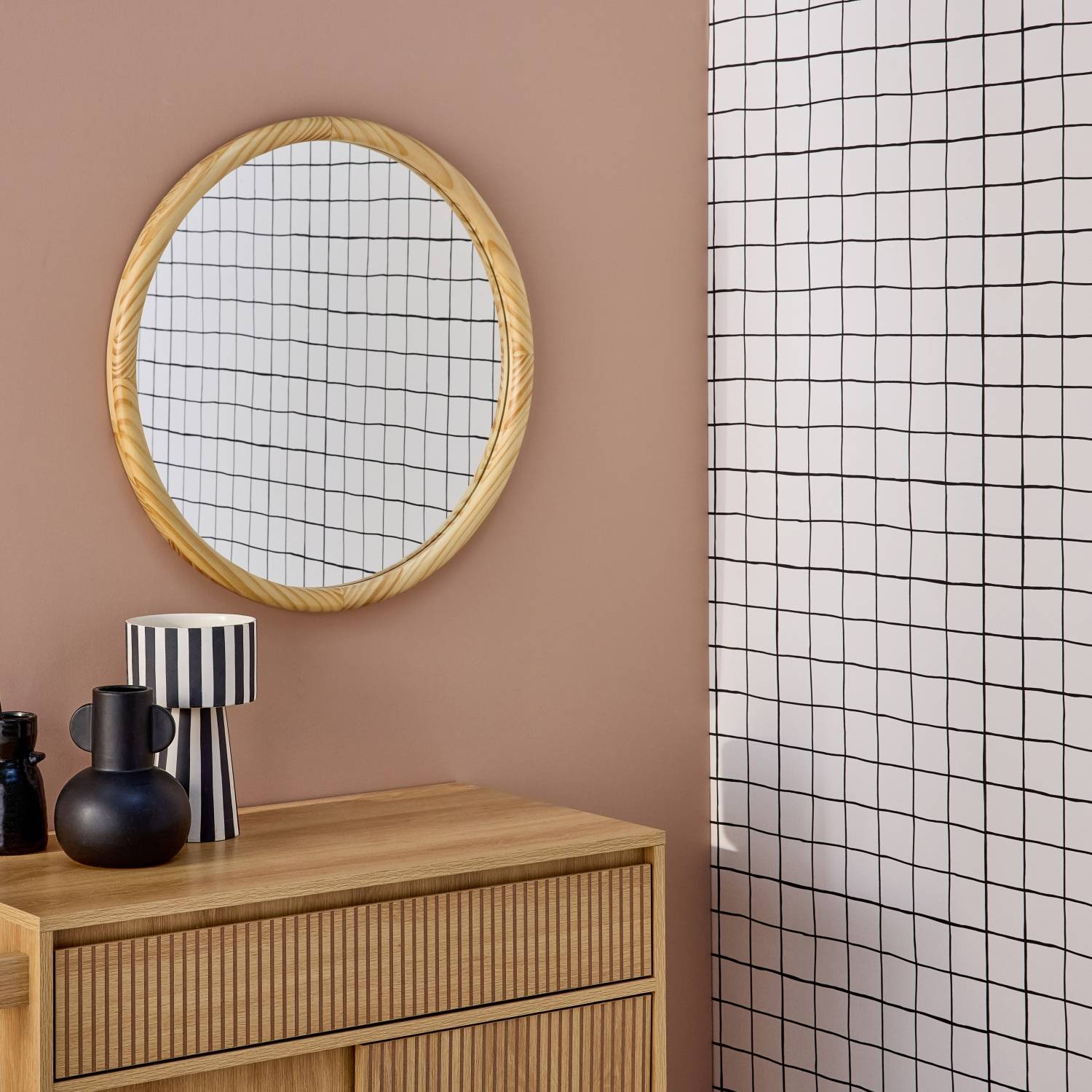Specchio rotondo in legno di pino, 60cm, Marrone naturale