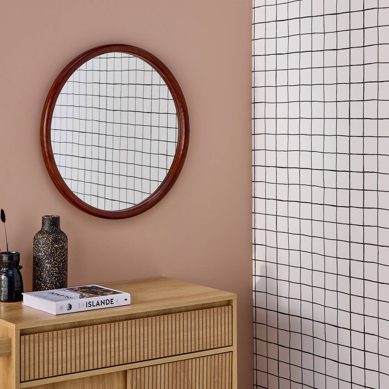 Specchio rotondo in legno di pino, 60cm, Marrone