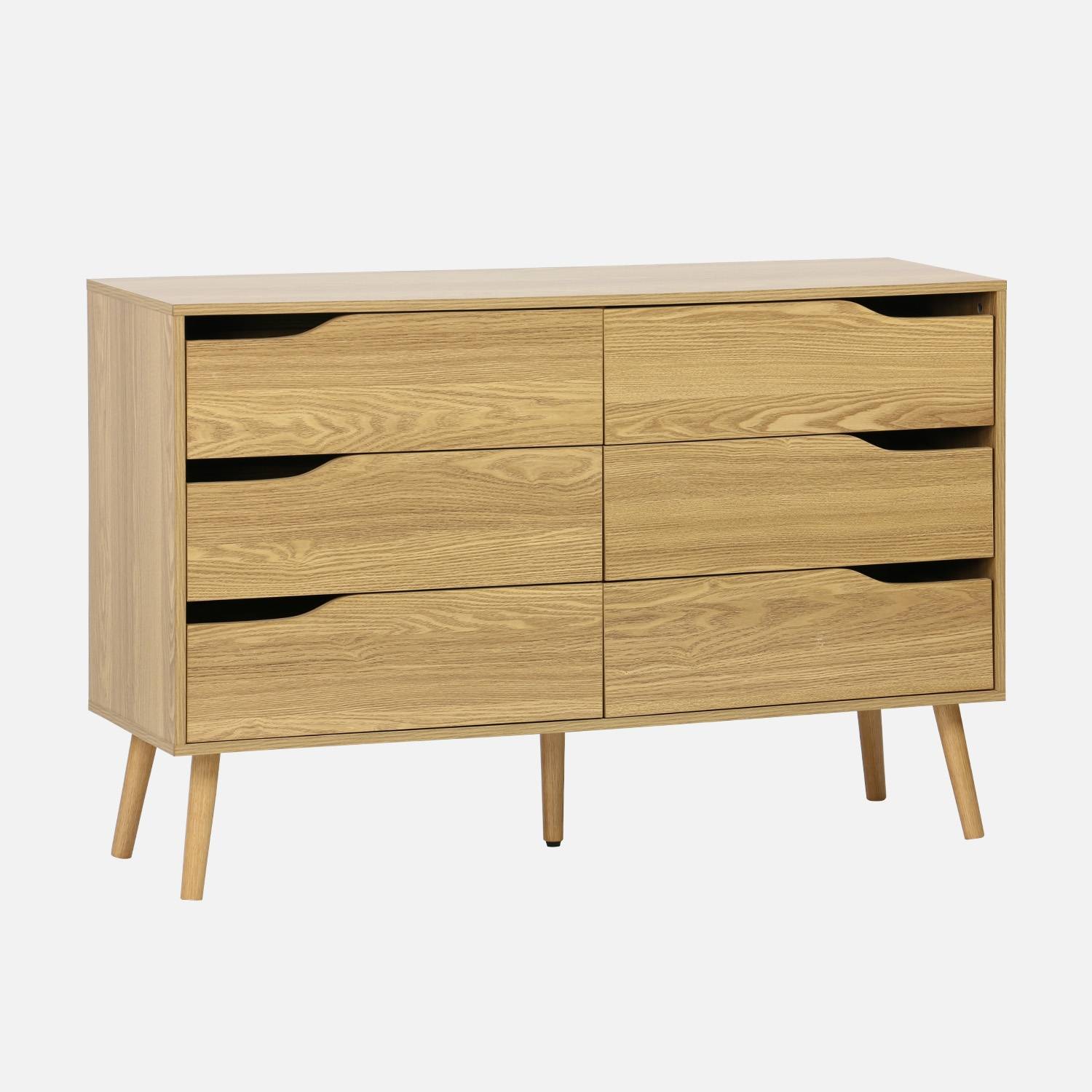 Commode 6 Tiroirs Effet Bois Et Cannage - Style Bohème Rétro - Dimensions 120x39x79 Cm - Pieds Compas - Couleur Naturelle - 8