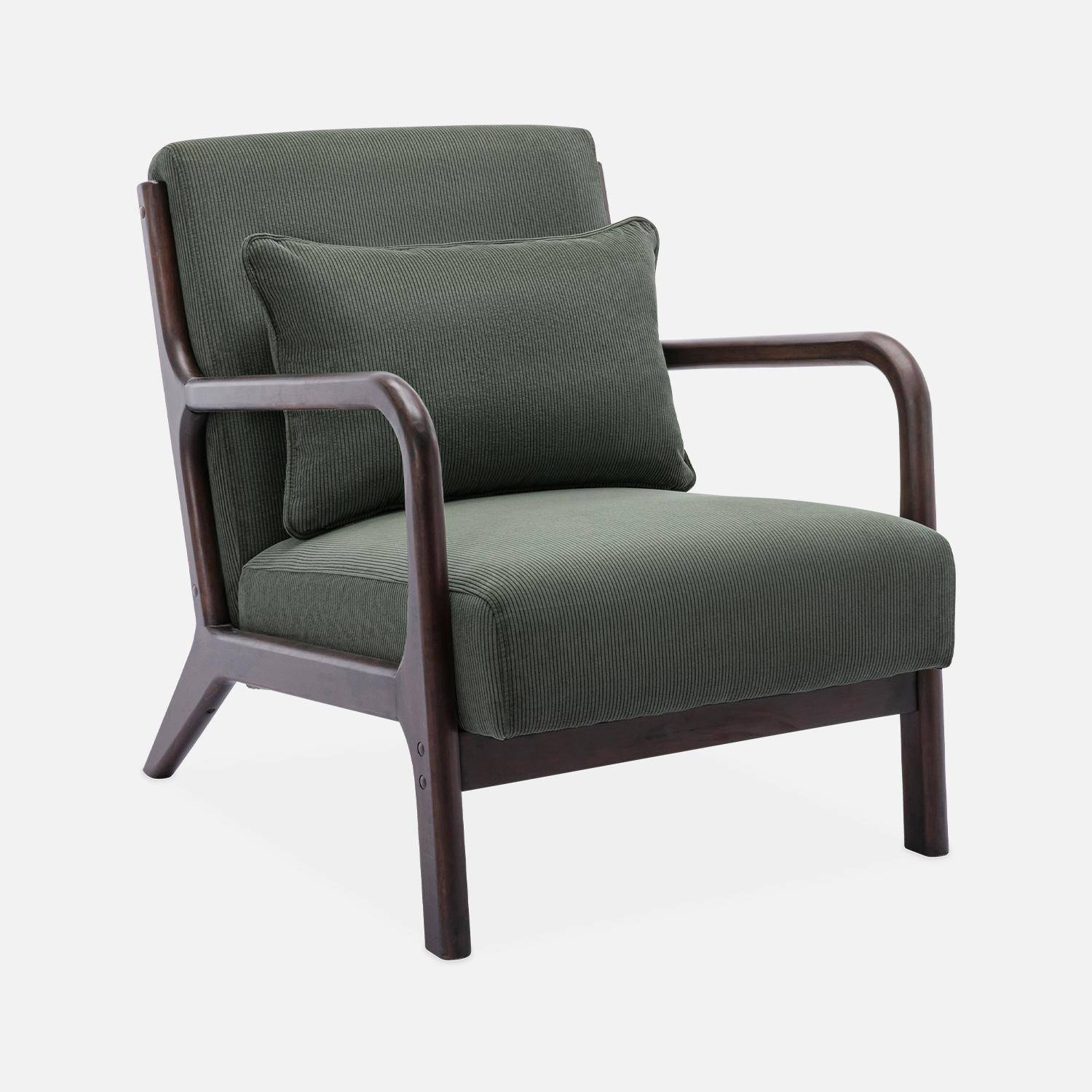 Scandi-style armchair in fine corduroy and hevea wood, Lorens corduroy, Green, 65x80x79 cm Photo3