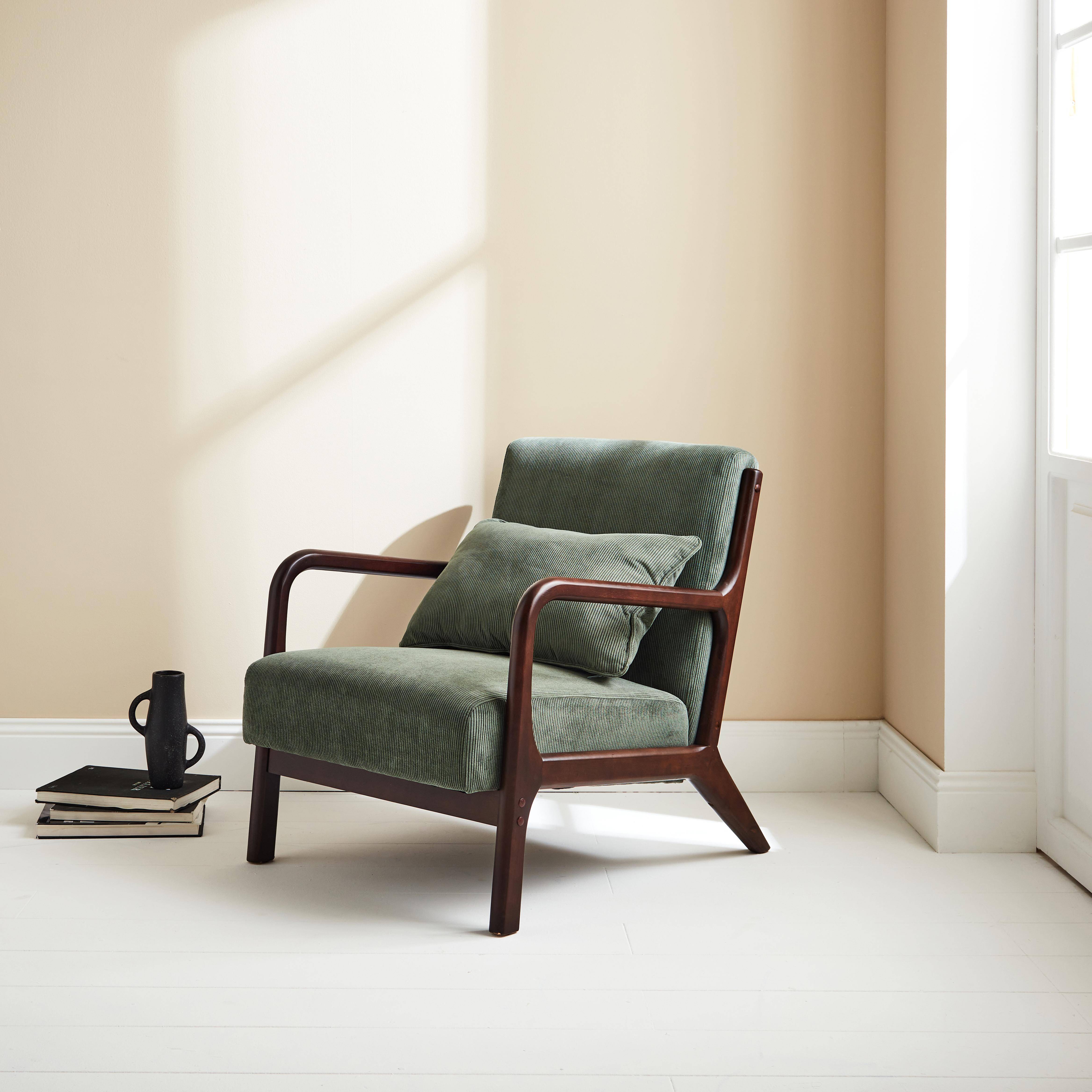 Scandi-style armchair in fine corduroy and hevea wood, Lorens corduroy, Green, 65x80x79 cm Photo1