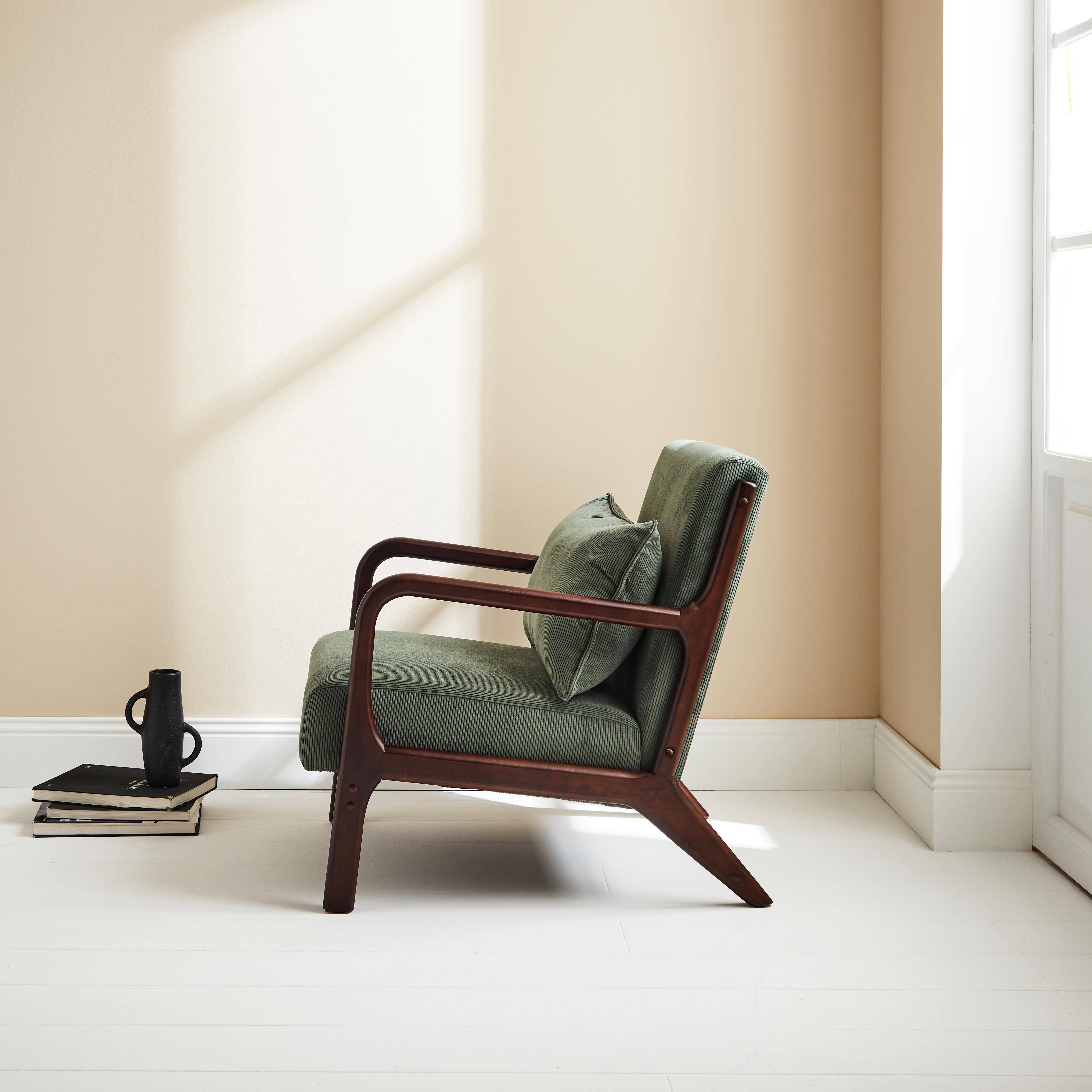 Scandi-style armchair in fine corduroy and hevea wood, Lorens corduroy, Green, 65x80x79 cm,sweeek,Photo2
