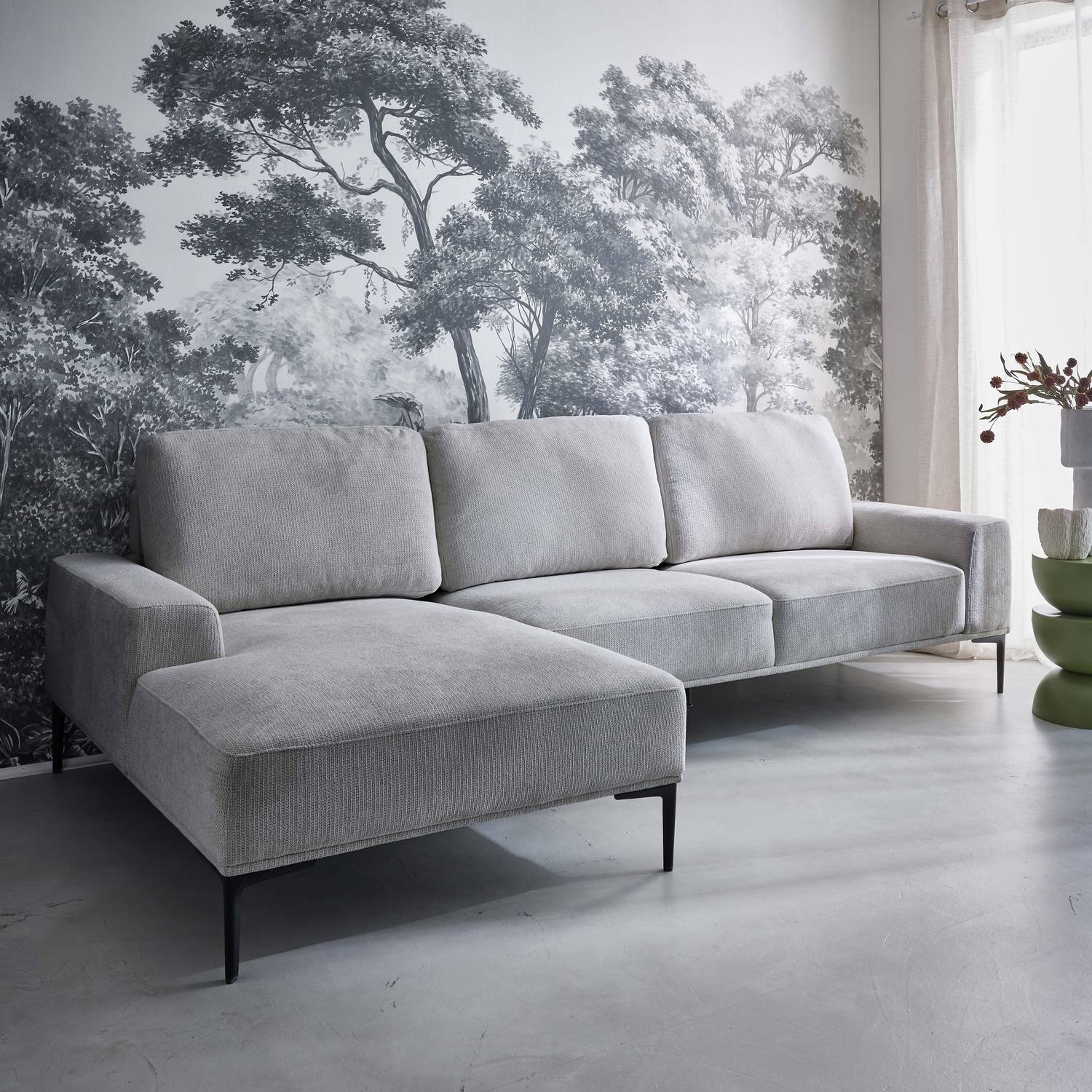 3-seater corner sofa, left-hand in fabric and metal