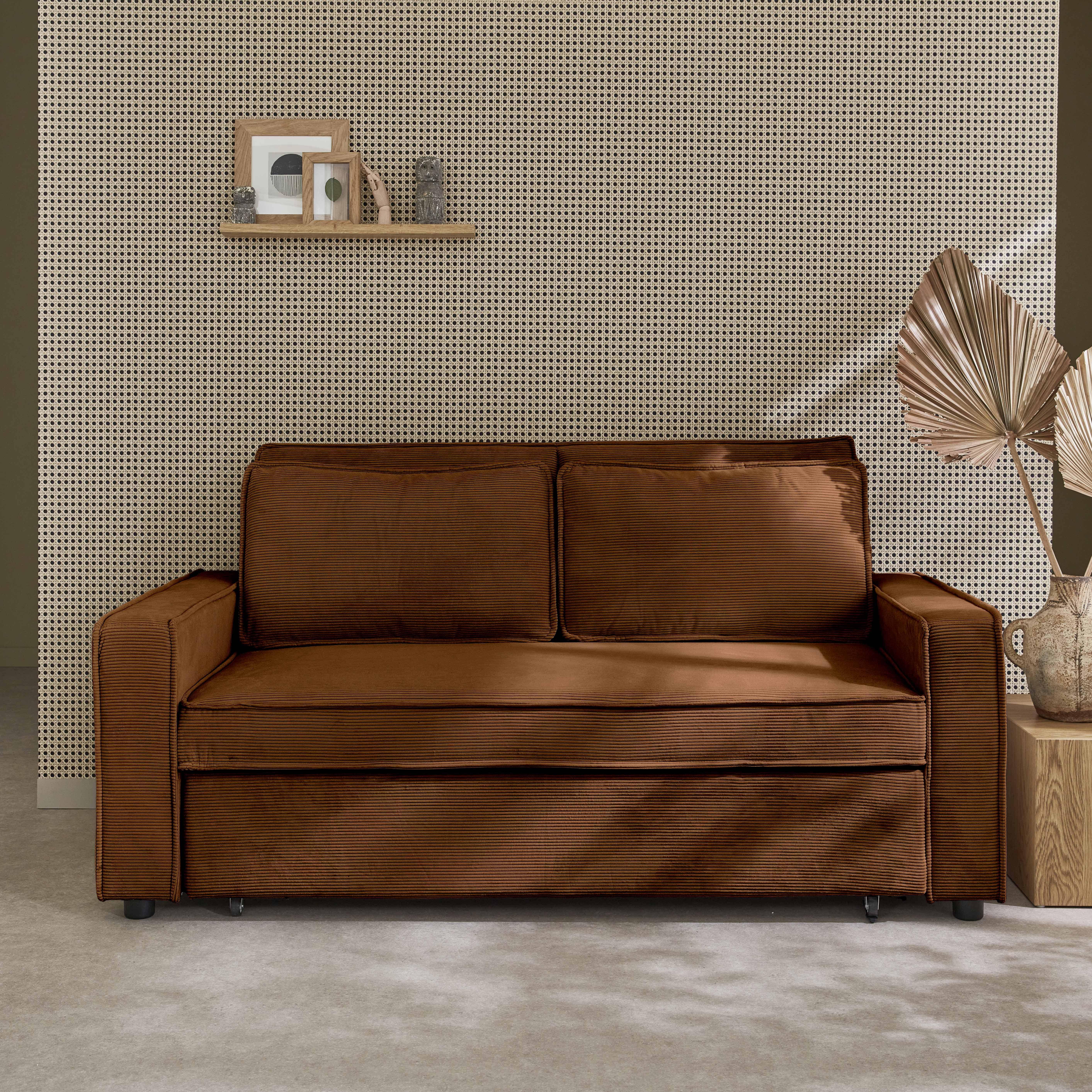 3-seater corduroy sofa bed, Chill, Brown, 172.5x91.5x88.5 cm Photo2