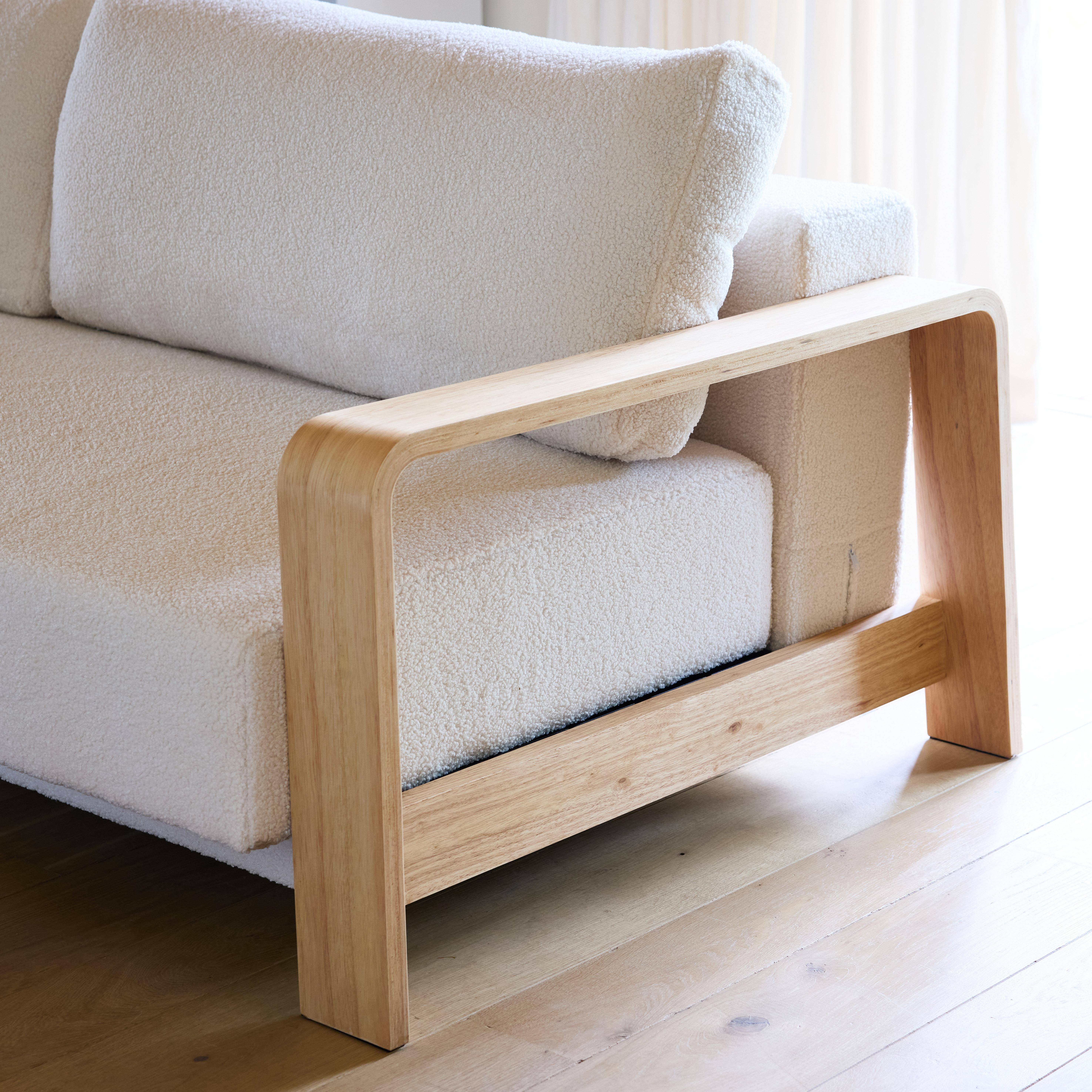 3-seater sofa bed in white boucle with wooden armrests, Eden, White, 224x108x85 cm Photo3