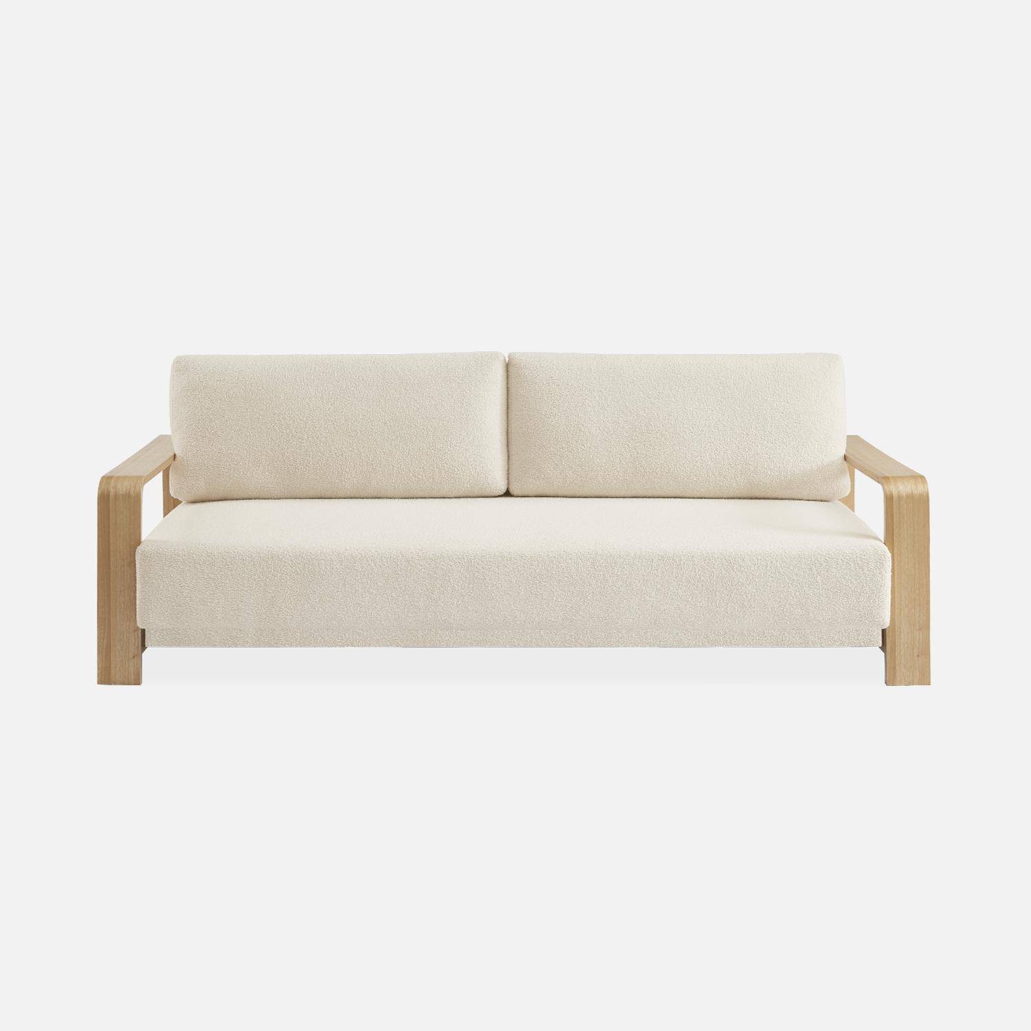 3-seater sofa bed in white boucle with wooden armrests, Eden, White, 224x108x85 cm Photo7
