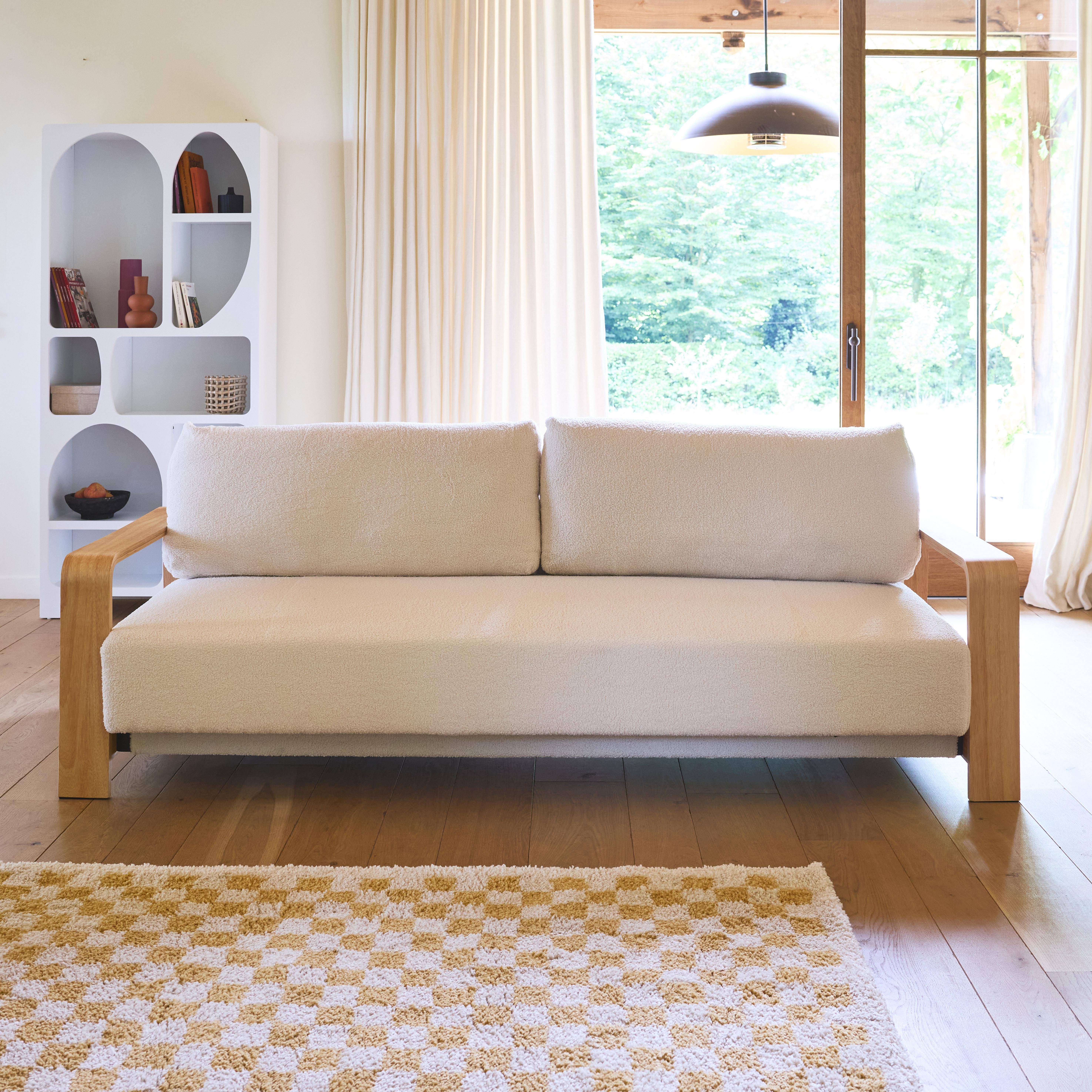 3-seater sofa bed in white boucle with wooden armrests, Eden, White, 224x108x85 cm Photo2
