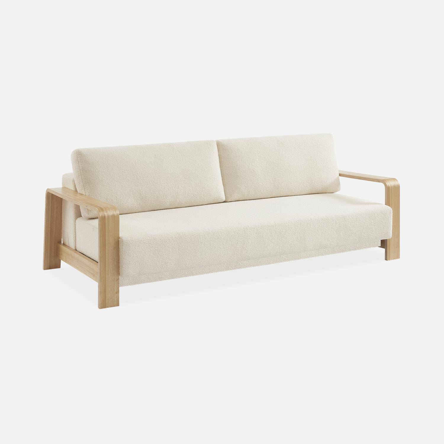3-seater sofa bed in white boucle with wooden armrests, Eden, White, 224x108x85 cm Photo6