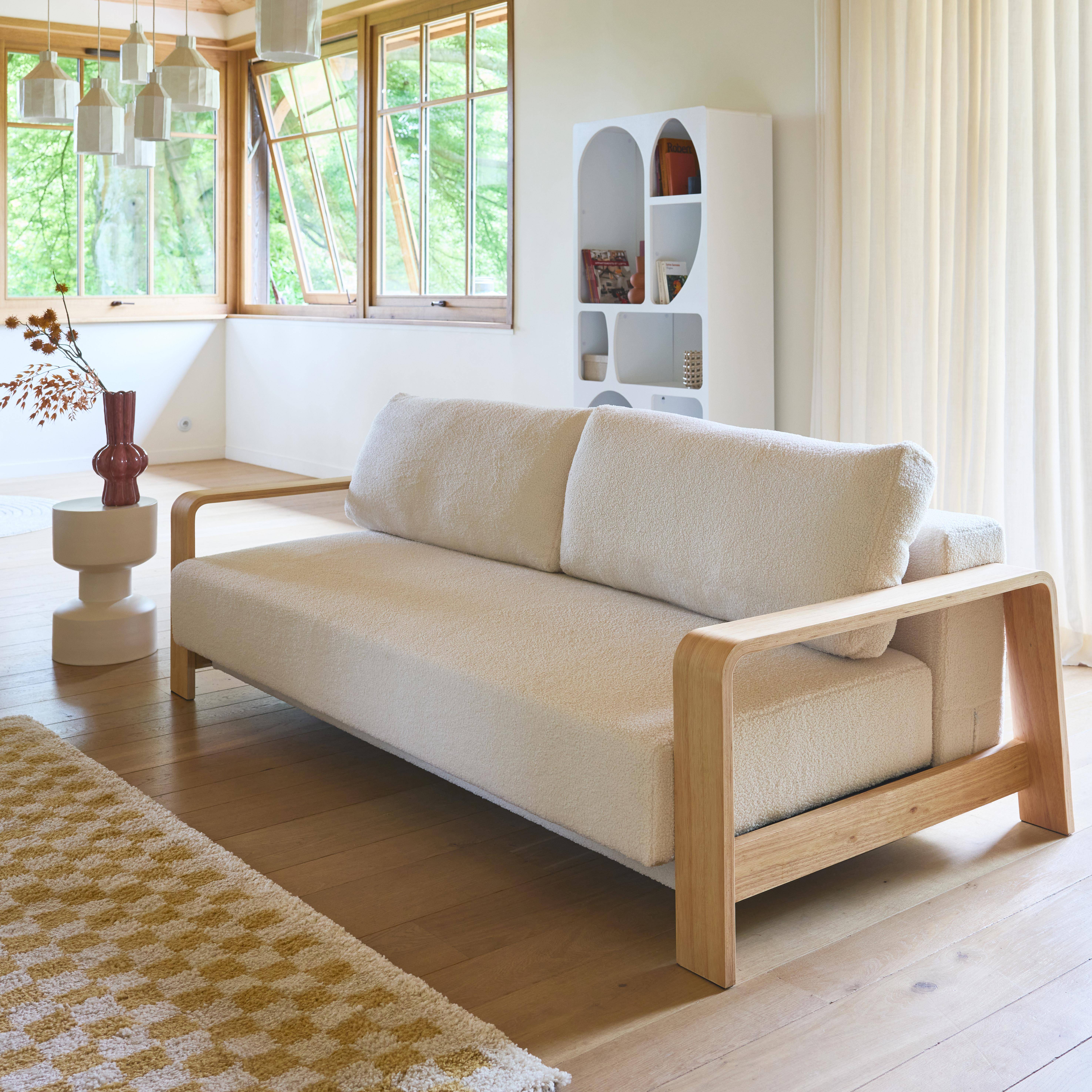 3-seater sofa bed in white boucle with wooden armrests, Eden, White, 224x108x85 cm Photo4