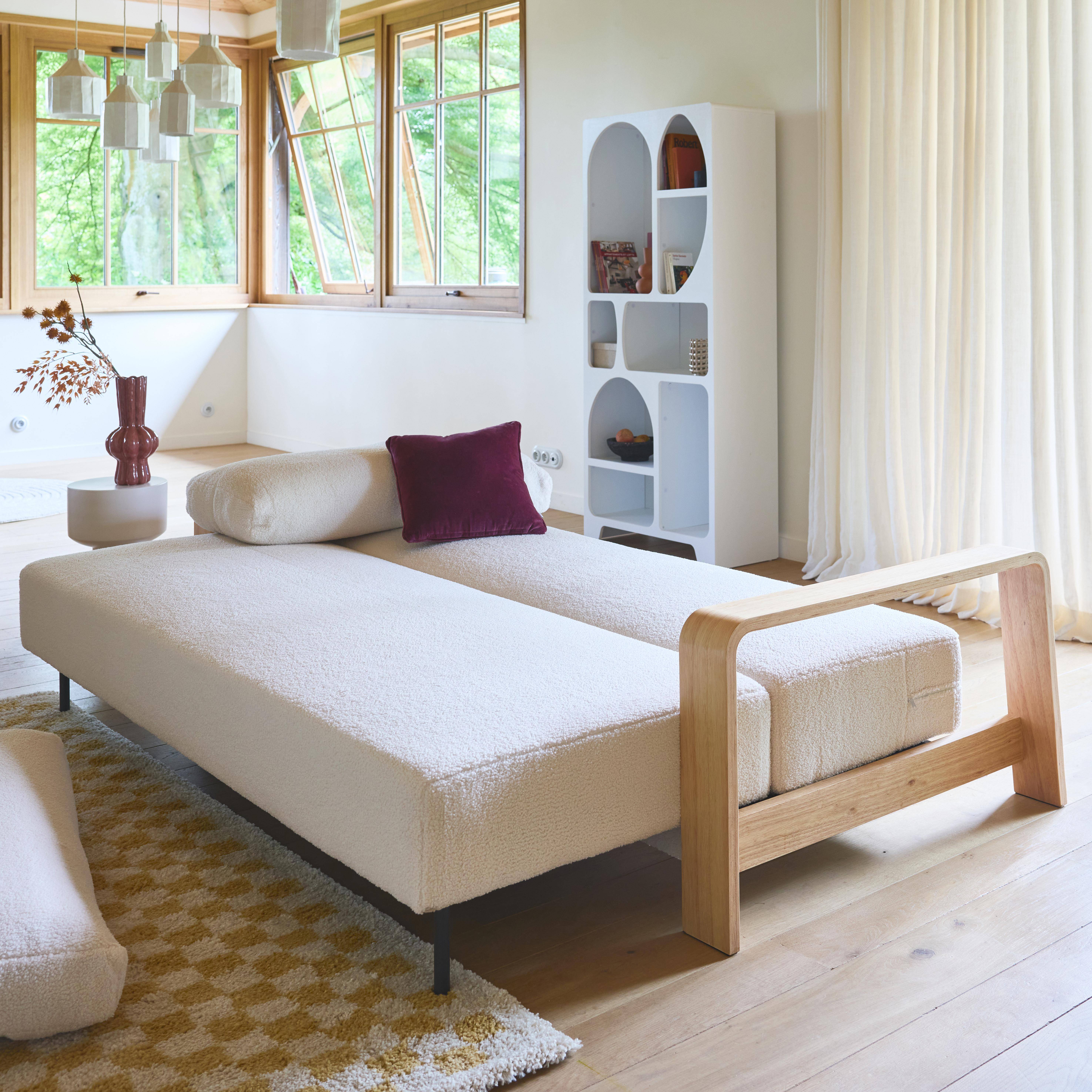 3-seater sofa bed in white boucle with wooden armrests, Eden, White, 224x108x85 cm Photo5