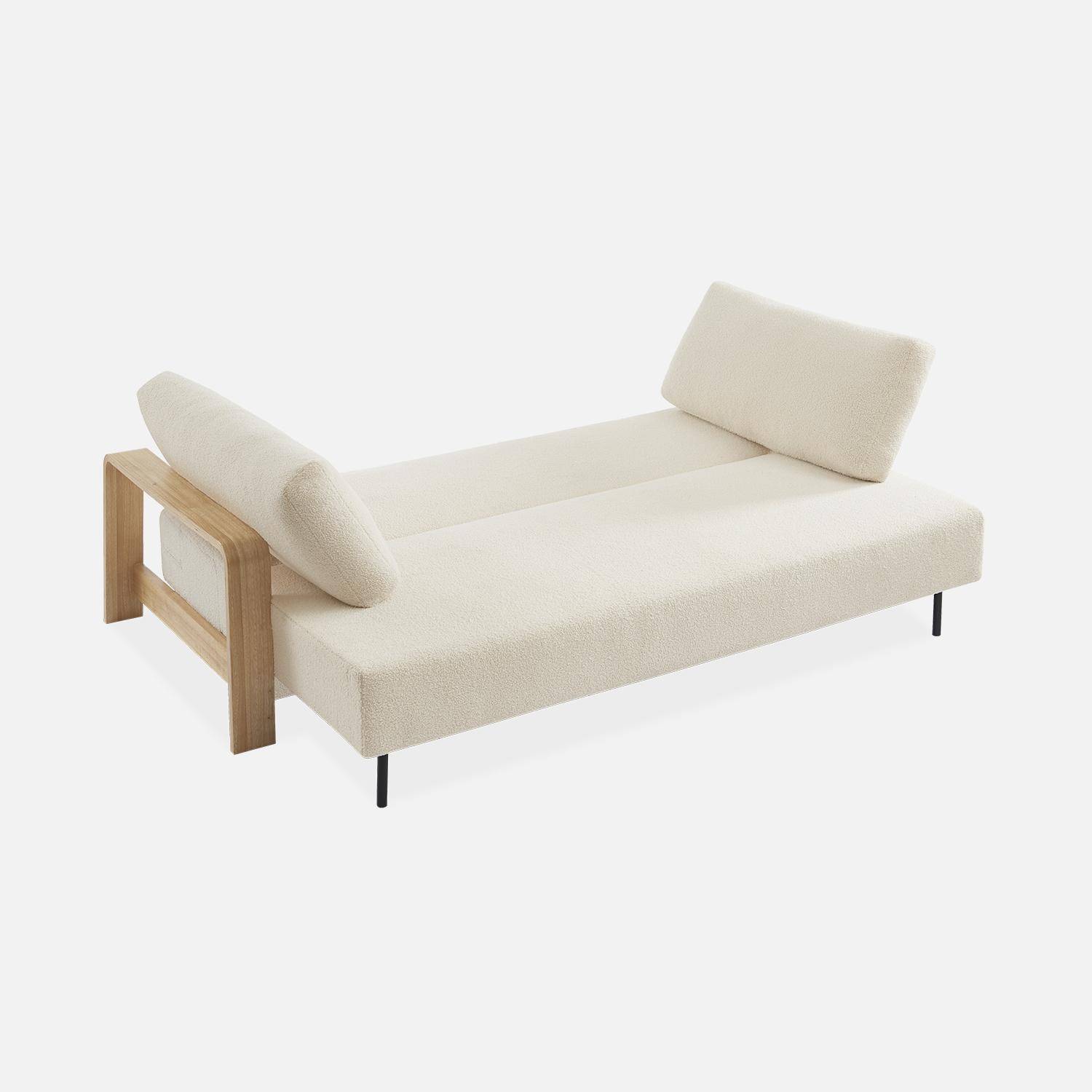3-seater sofa bed in white boucle with wooden armrests, Eden, White, 224x108x85 cm Photo8