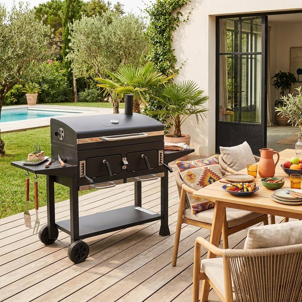 Barbecue Grill charbon de bois - Bernard XL Noir - Avec récupérateur de cendres, aérateurs, bac charbon ajustable et tablettes rabattables, L 160 x P 107,5 x H 141cm Photo1