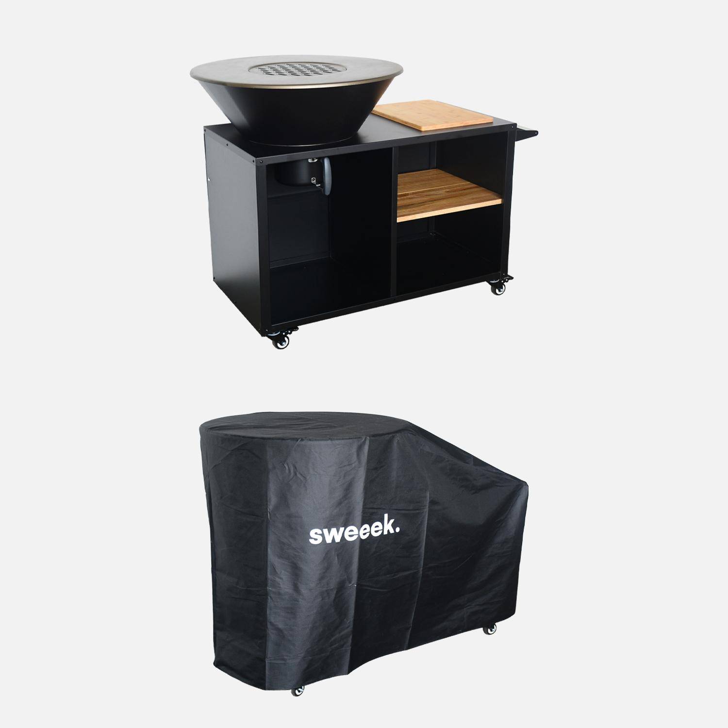 Plancha-Feuerschale Ø80cm, Grillrost, Holzlagerung, Farbe Schwarz + Schutzhülle, L 138 x B 82 x H 114 cm Photo1
