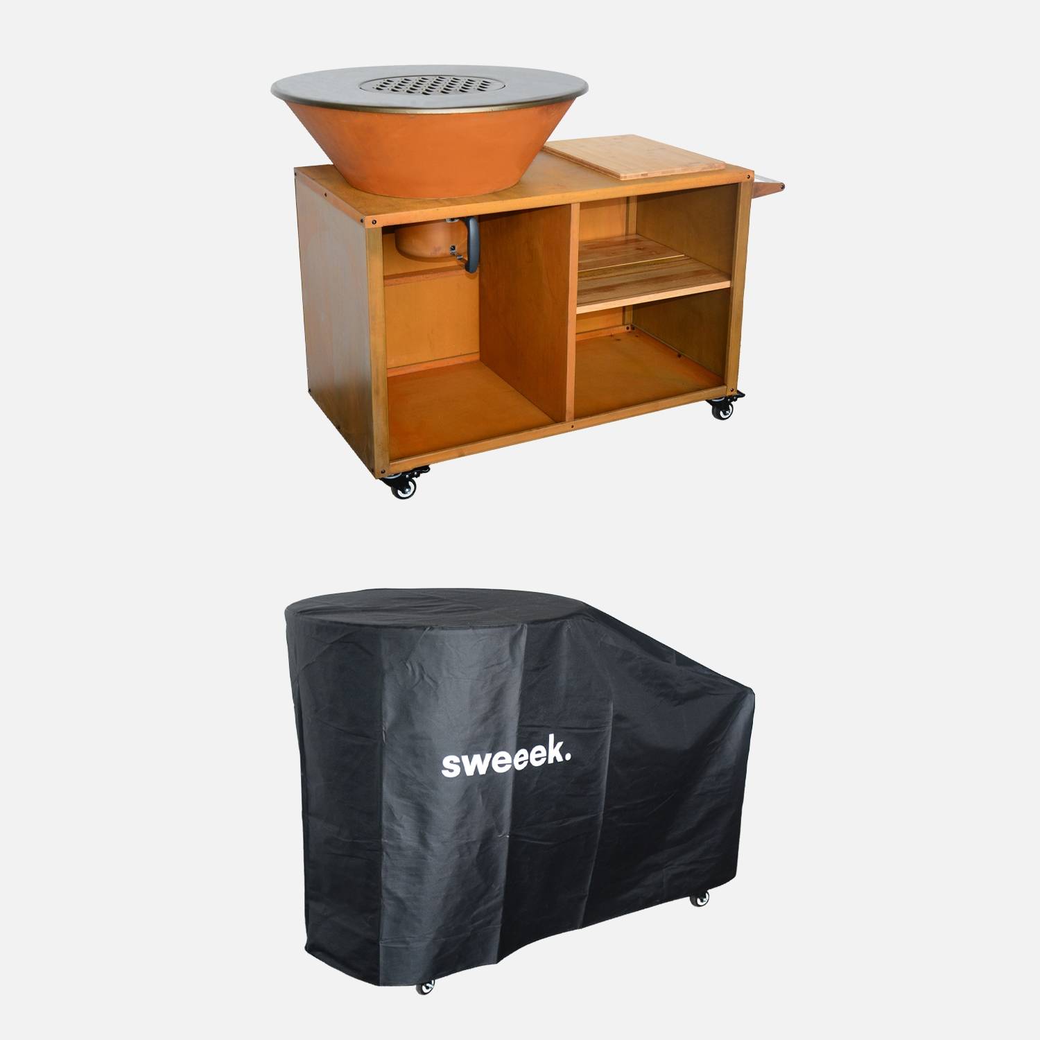 Brasero barbecue Ø80cm, grille de cuisson, stockage bois, corten + housse