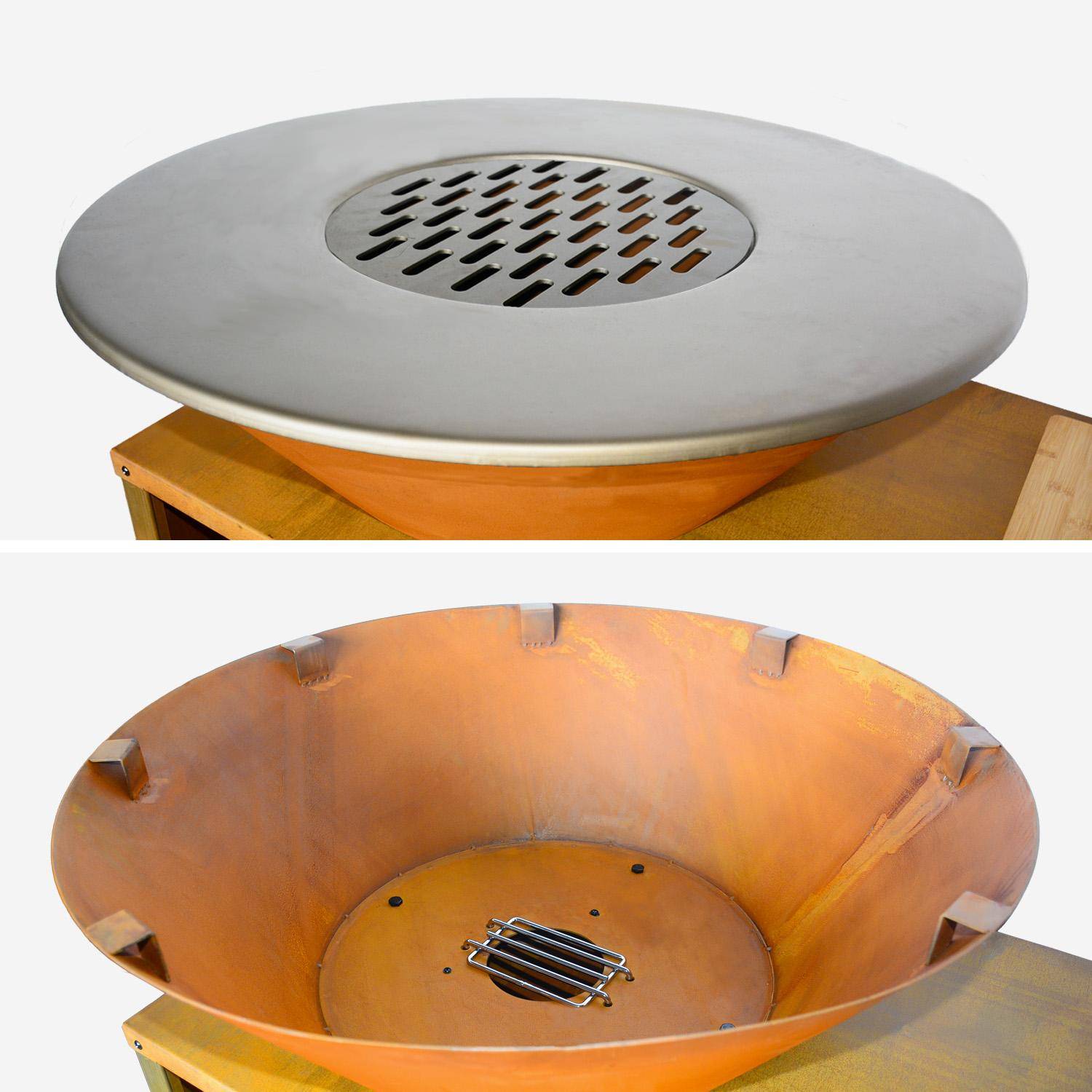 Brasero barbecue Ø80cm, grille de cuisson, stockage bois, coloris corten + housse de protection, L 138 x P 82 x H 114 cm Photo3