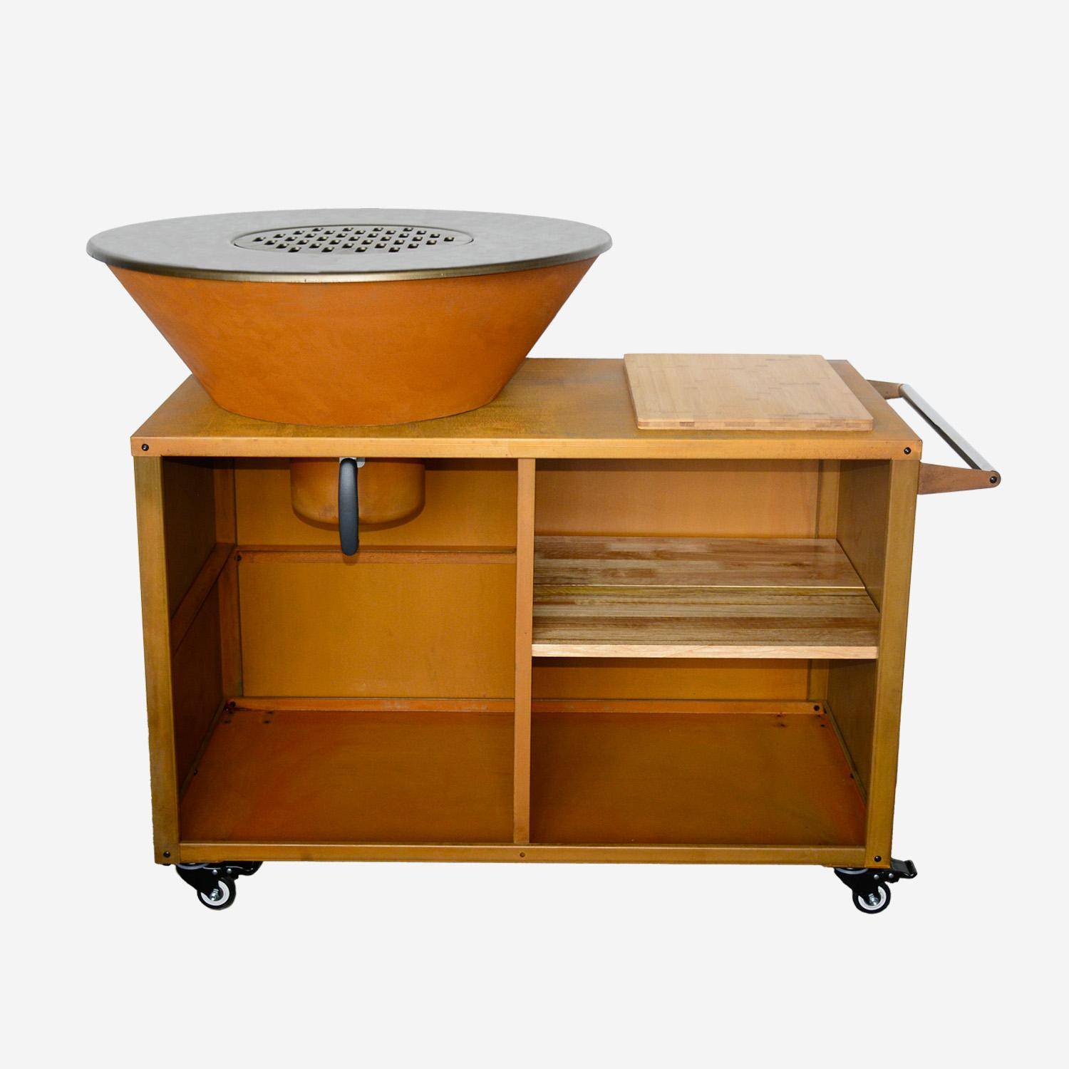 Brasero barbecue Ø80cm, grille de cuisson, stockage bois, coloris corten + housse de protection, L 138 x P 82 x H 114 cm Photo2
