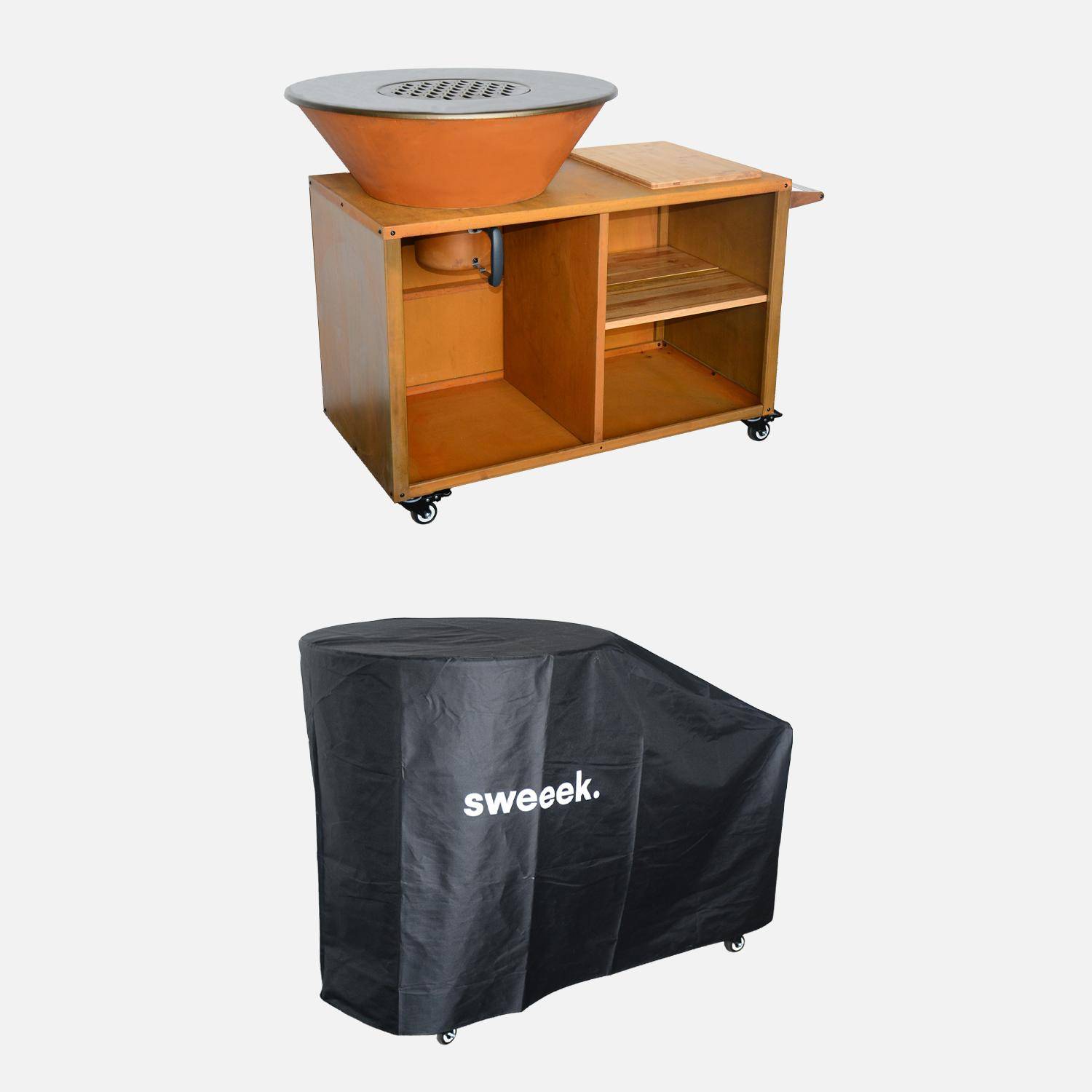 Brasero barbecue Ø80cm, grille de cuisson, stockage bois, coloris corten + housse de protection, L 138 x P 82 x H 114 cm Photo1