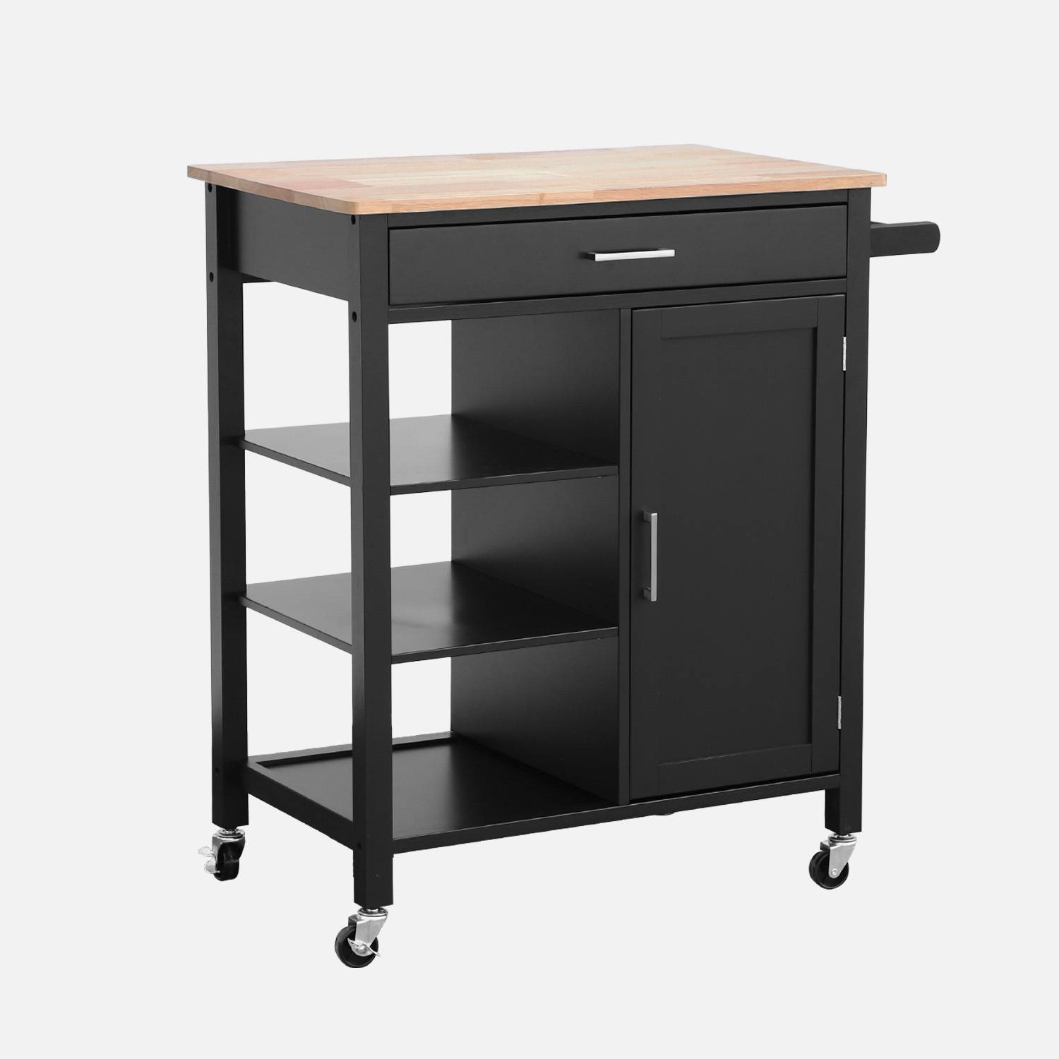 Carrello da cucina in legno di gomma con manico, Nero