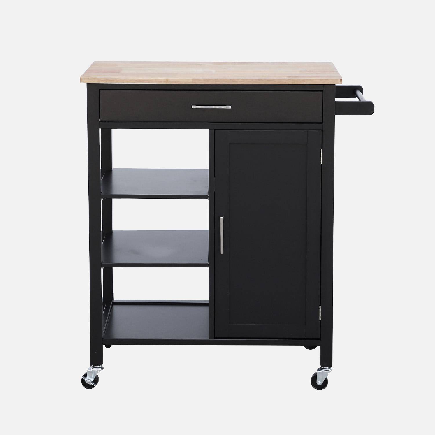 Desserte de cuisine noire BENDOR plateau en bois d'hévéa, 83 x 47 x 91 cm, 1 poignée, 4 roues, 1 tiroir, 5 étagères, 1 porte, style contemporain,sweeek,Photo4