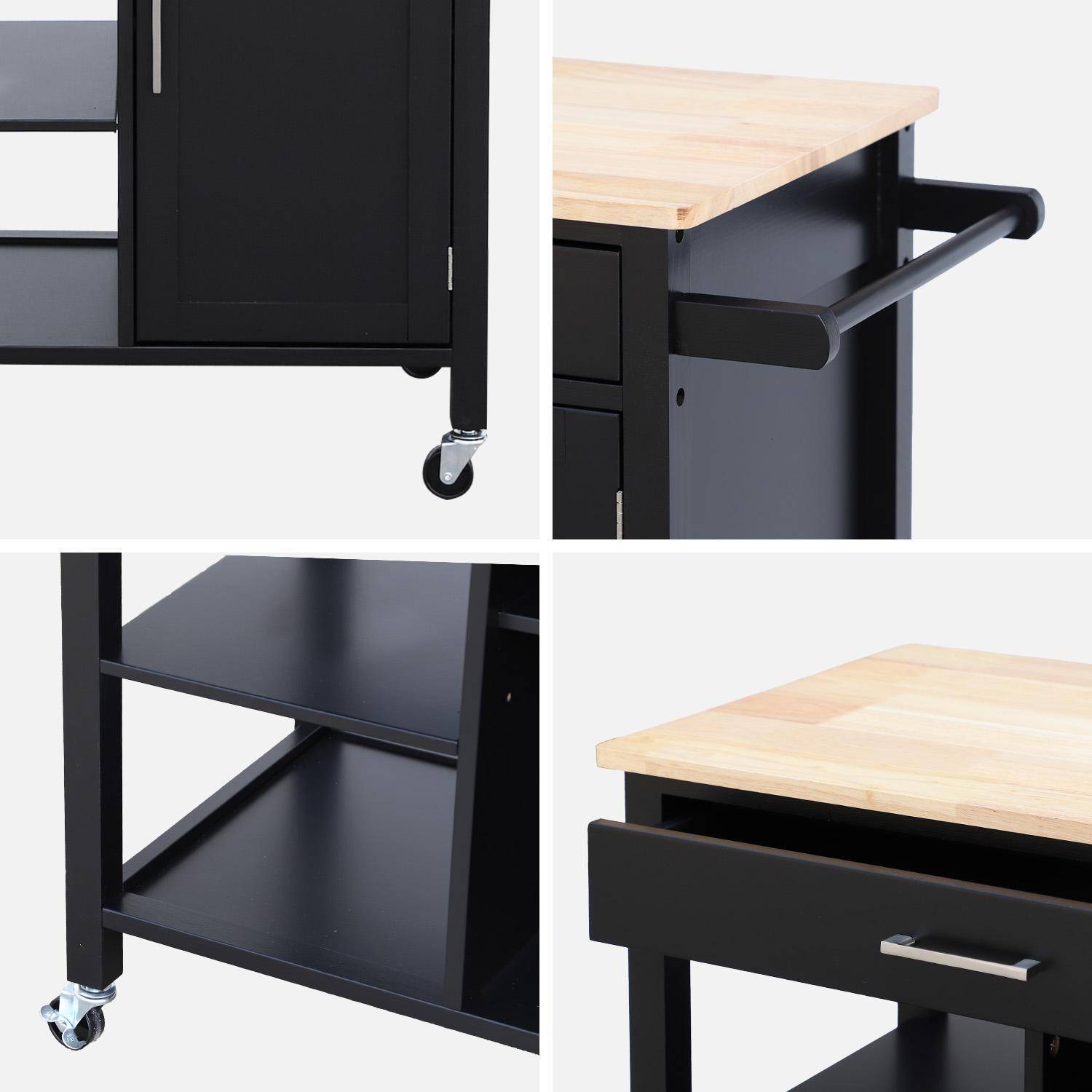 Desserte de cuisine noire BENDOR plateau en bois d'hévéa, 83 x 47 x 91 cm, 1 poignée, 4 roues, 1 tiroir, 5 étagères, 1 porte, style contemporain Photo6