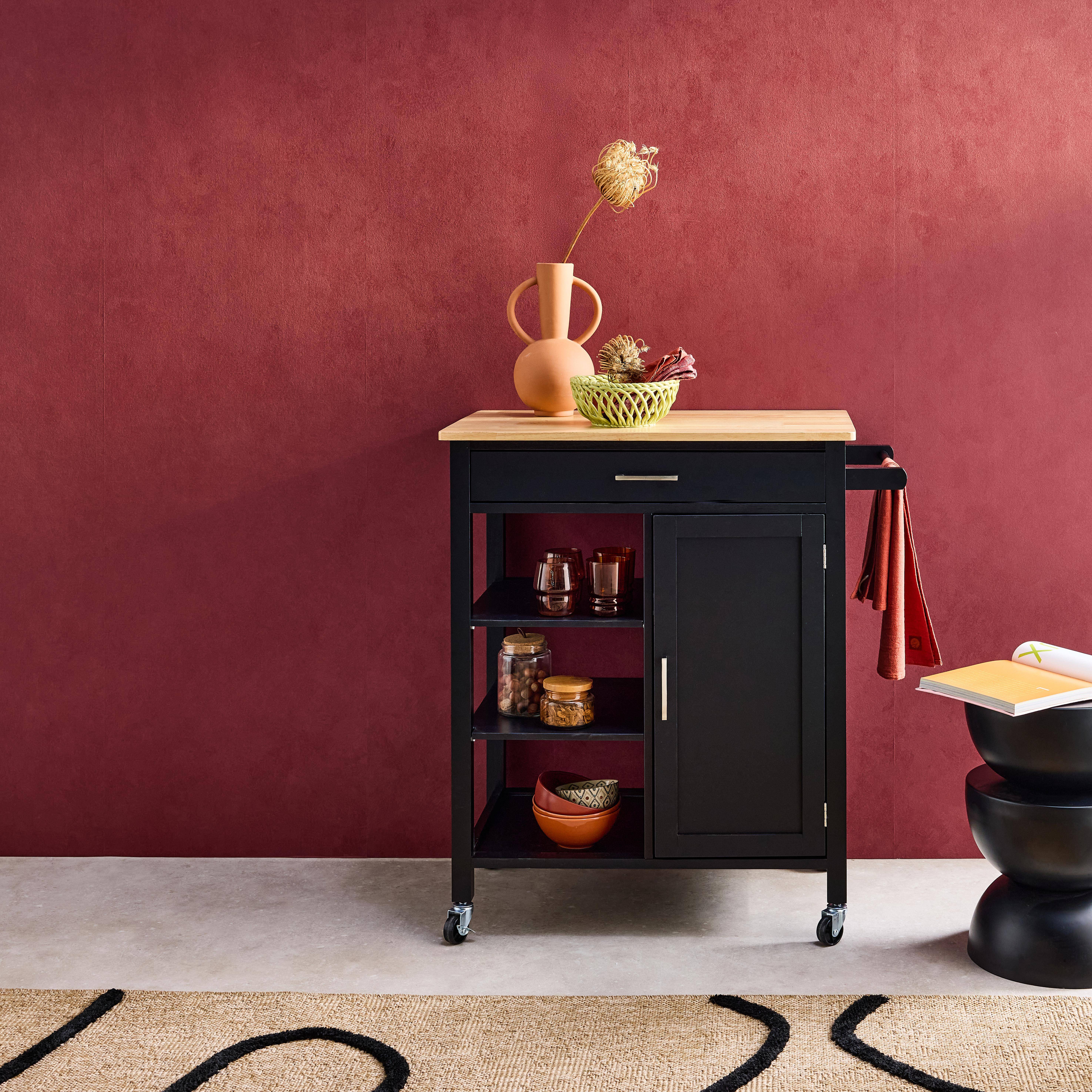 Desserte de cuisine noire BENDOR plateau en bois d'hévéa, 83 x 47 x 91 cm, 1 poignée, 4 roues, 1 tiroir, 5 étagères, 1 porte, style contemporain Photo1
