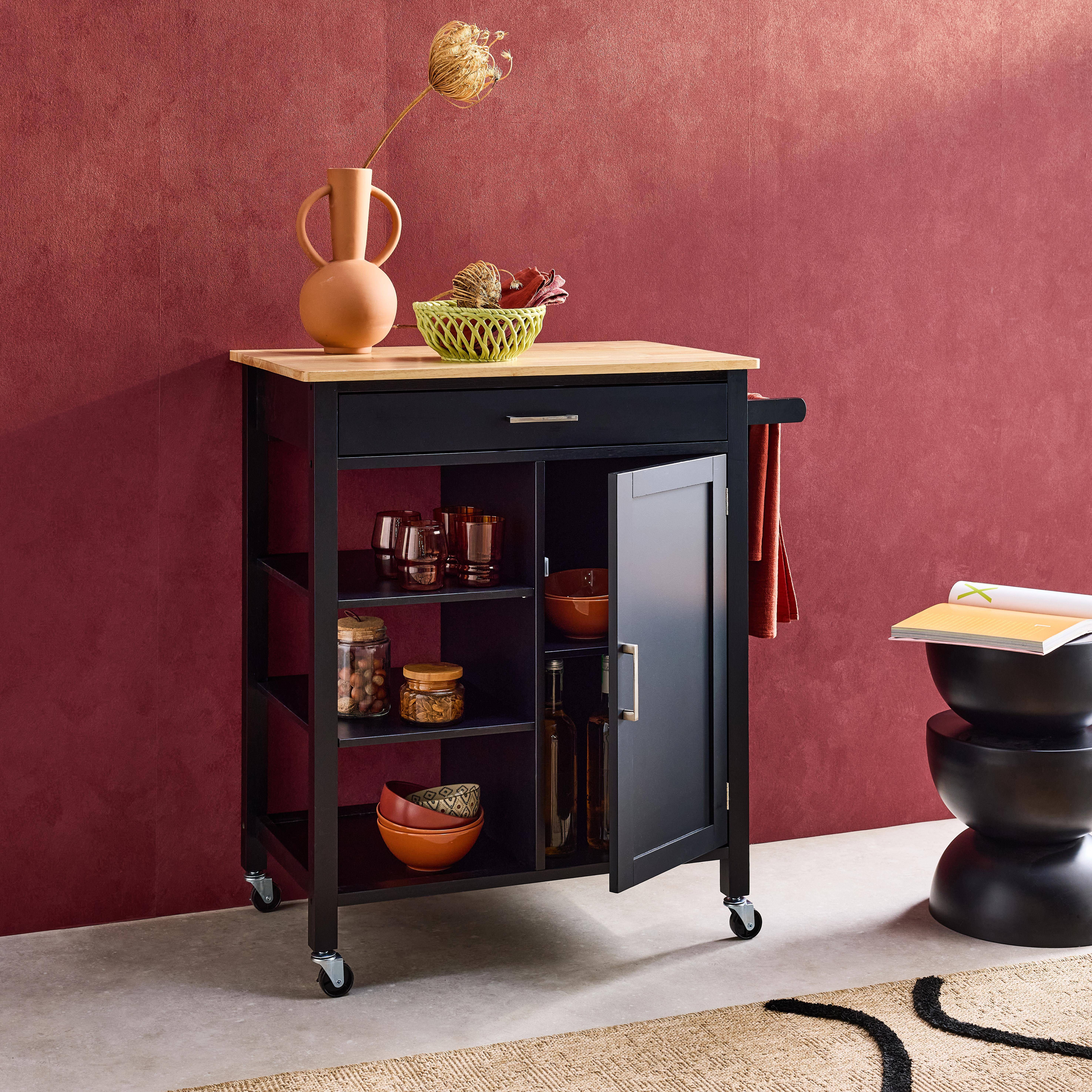 Desserte de cuisine noire BENDOR plateau en bois d'hévéa, 83 x 47 x 91 cm, 1 poignée, 4 roues, 1 tiroir, 5 étagères, 1 porte, style contemporain Photo2